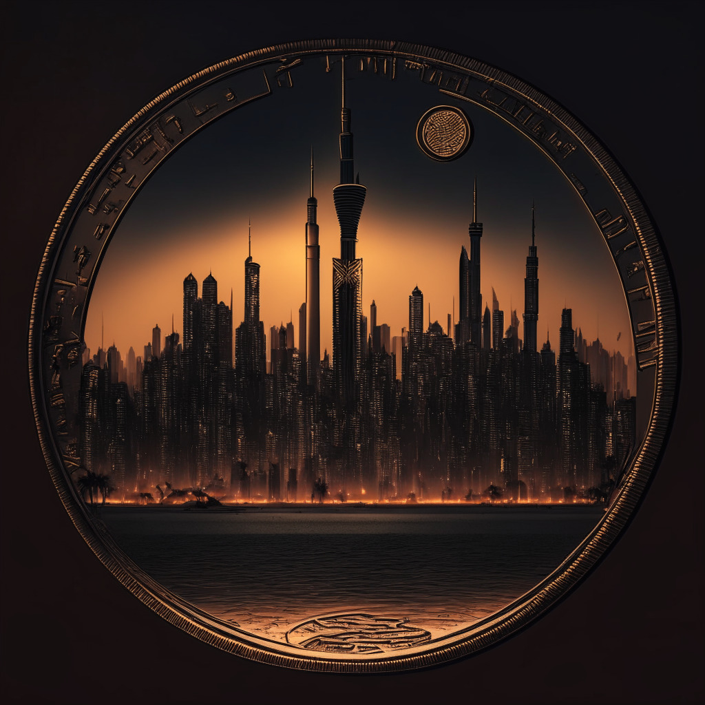 Dubai skyline at twilight, cyberpunk aesthetic, a symbolic clamp on a shimmering coin with Arabic inscriptions, represents Islamic Coin. A shadowy figure scrutinizes the coin, symbolizing VARA's intervention. Mood is tense, with aggressive undertones.