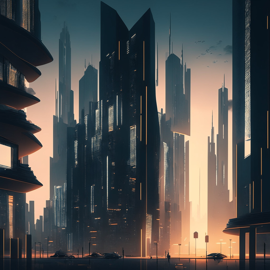 A sophisticated, futuristic European cityscape in muted, dusk lighting, featuring sustainable architecture that's inspired by blockchain design, bustling with digital assets trading. The scene is imbued with a sense of balance and regulatory order, demonstrated by uniform, symmetrical lines. Shadows cast a mood of anticipation for the growth and transformation of the crypto market.