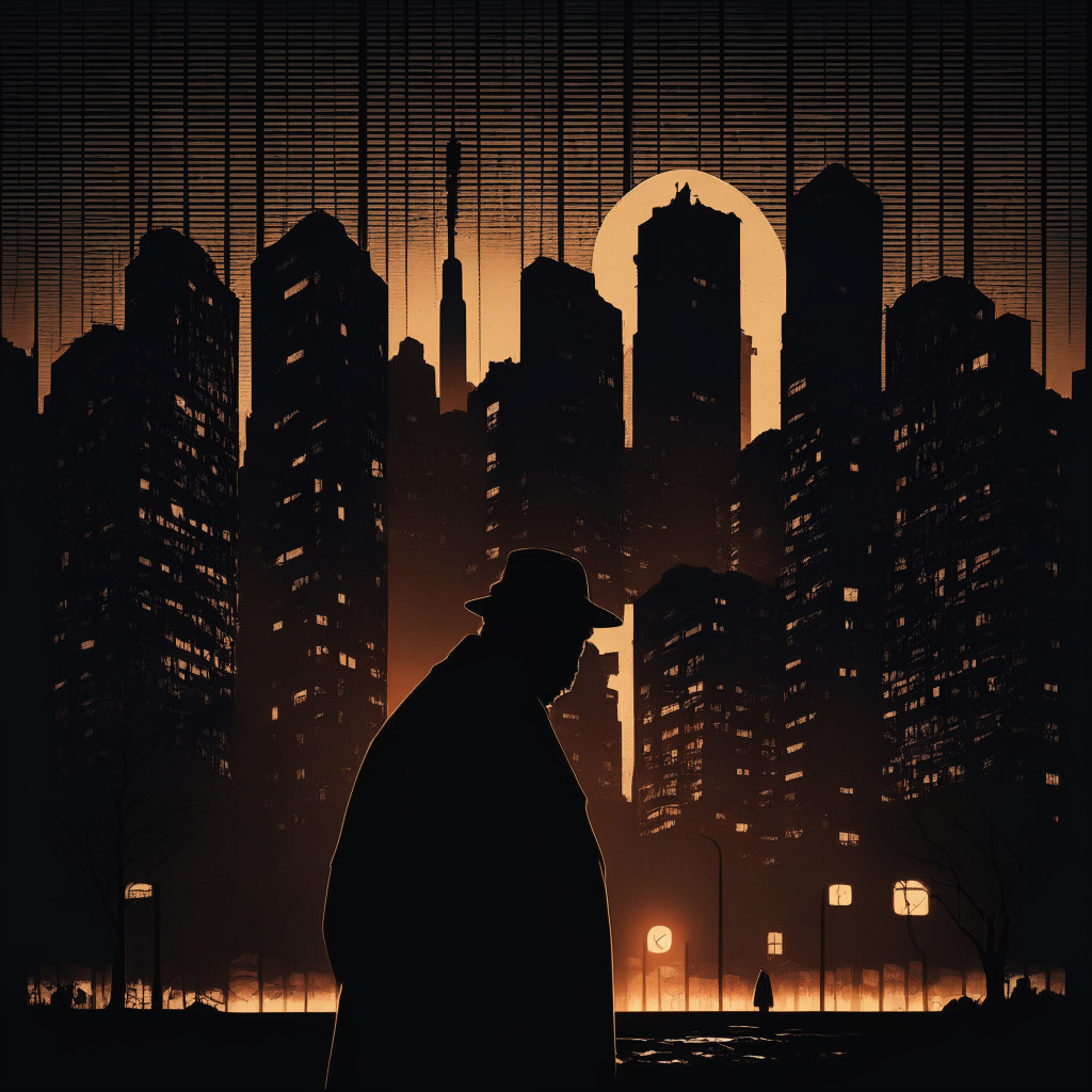 A dark maze-like Seoul cityscape at dusk, filled with shadowy figures, focusing on a silhouette of a remorseful elderly man holding a symbolic Bitcoin. Artistic style reminiscent of a film noir, displays a mystery to unravel. Light imitating the somber tone of a late sunset, reflecting from the glass facade of a crypto exchange. Mood oozes inquisitiveness and caution, highlighting pitfalls of the unregulated crypto world.