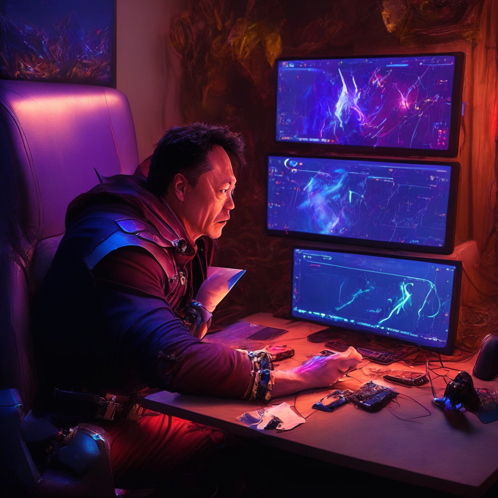 Elon Musk engaging in a video game streaming session on a reimagined, multifunction app, previously known as Twitter, now identified as 'X'. Light setting matches the vivid hues of Diablo 4, an action RPG he's playing, capturing the electrifying, fast-paced ambiance. Depict the app interface with icons hinting at incorporated elements including finance and social media. Convey a sense of progress and digital innovation, yet a feeling of uncertainty—symbolizing the lack of clarity on crypto integration.