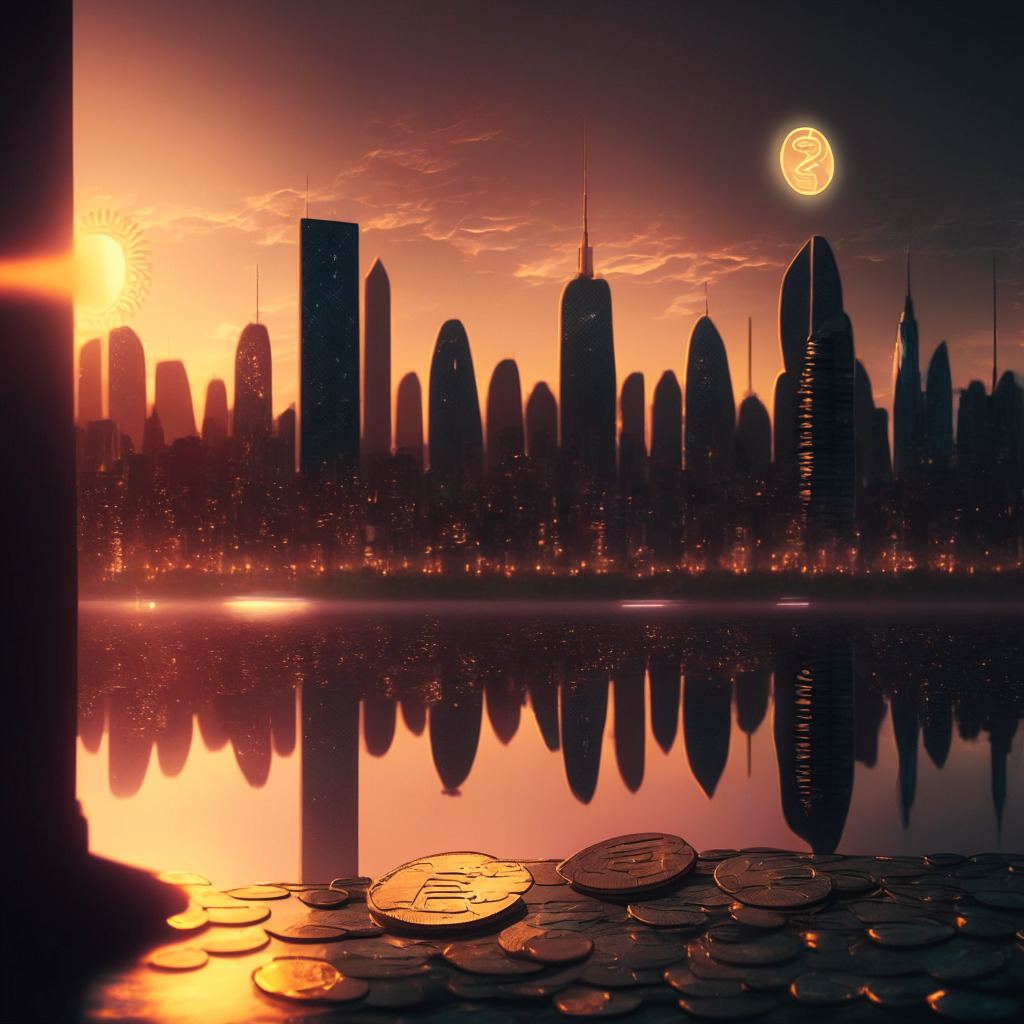 A serene Argentine cityscape at dusk, illuminated by a soft glow from setting sun. In the foreground, a digital peso coin hovers, shimmering with a futuristic sheen. In the background, a shadowy figure clandestinely transfers Ether coins mirroring the tale of struggle & promise in crypto world.