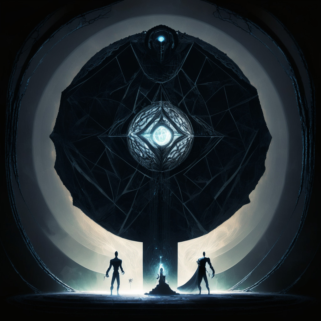 An intricate digital canvas showcasing the tension in the cryptosphere, a scale with Ethereum on one side and an imposing DAO figure casting a large ominous shadow on the other one. The lighting, a dim, uneasy twilight representing risks and vulnerabilities. The DAO figure should appear to dwarf the Ethereum scale, creating a sense of potential dominance and threat. An array of other smaller figures represents various stakeholders, adding complexity to the scene. In the background, a faint outline of traditional financial structures hinting at the intermingling of old and new worlds. The general mood should be anticipatory and tense.
