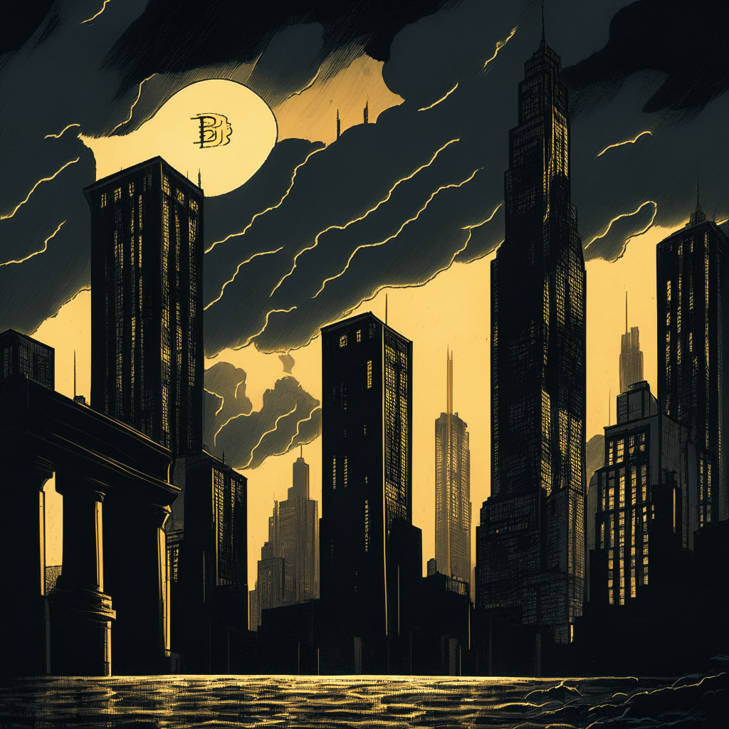 A dimly lit financial district in twilight, shadowy figures signaling uncertainty shift from an Ether coin into Bitcoin. Art Nouveau style bridges signify a transition, with stormy clouds overhead, suggesting a bearish market. Golden-hued Bitcoin skyscraper shines distantly, hinting at optimism, potential spot lights pulsate, signaling ETF approval on the horizon.
