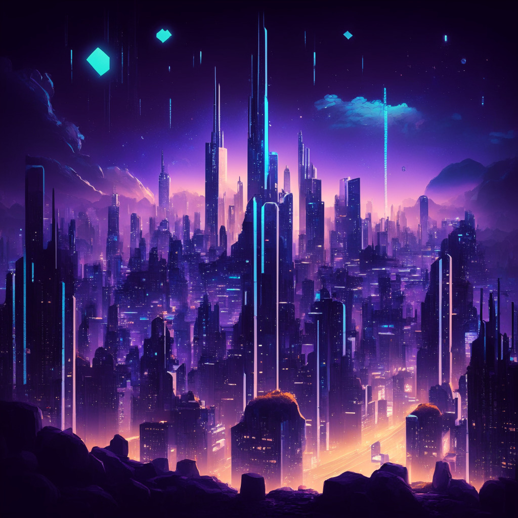 A futuristic cityscape under twilight sky, glowing Ethereum logo at center symbolizing its complex yet resilient ecosystem. Streets engaged in animated discussions about protocols, ERC-4337 marked with a vibrant glow, others with a cooler hue. Large towers representing major stakeholders looming over smaller buildings, suggesting power imbalance yet subtly showing signs of fragmentation, promoting a decentralized ethos. Depict in expressionistic style, contrasting light and dark to evoke a sense of dynamic tension and ongoing evolutionary changes.