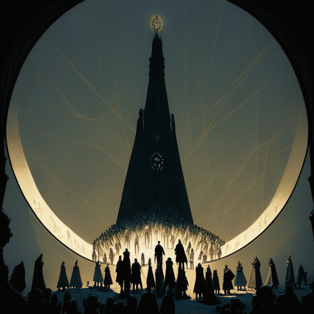Metaphysical scene of an enormous Ether coin balancing precariously on a spire symbolising centralization, a crowd gathered around its base, their faces etched with concern. Shadows cast by dim, ominous lighting hint at security risks. In the distance, smaller spires, lit by a hopeful glow, hold smaller Ether coins symbolizing decentralization. Art Nouveau style, an overarching mood of high stakes suspense.