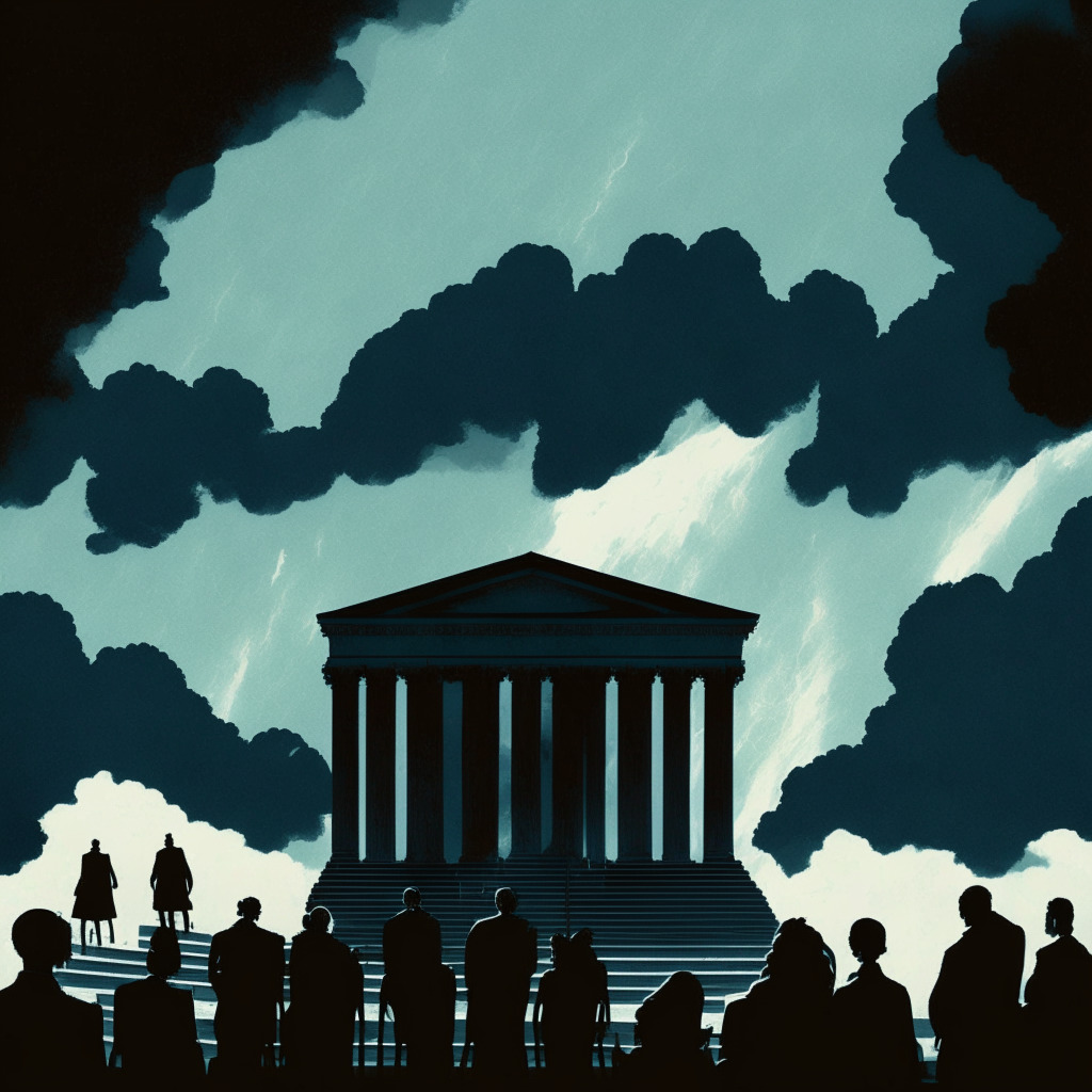 A courtroom in silhouette against a turbulent sky, conveying the turmoil of the EthereumMax controversy. Celebrity figures, vaguely recognizable, shrouded in shadows and whispers of accusation, their allure tainted. A backdrop of ethereal digital coins tumbling, symbolizing 'pump and dump' schemes. A sense of impending judgment hovers in the heavy clouds, embodying the skepticism and scrutiny enveloping celebrity-endorsed cryptocurrency.