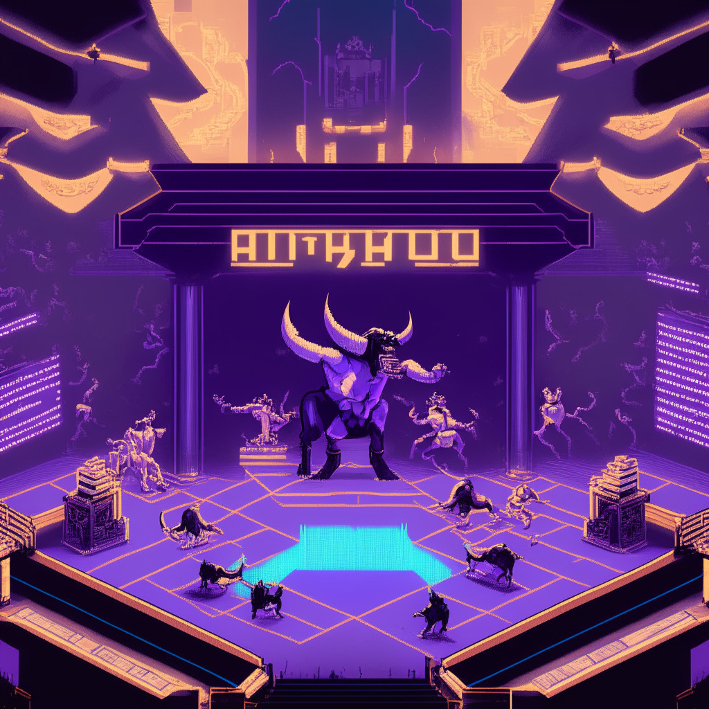 Conceptual rendering of a digital trading arena, early twilight, with Art Deco influences. Central focus on an ethereal, spectral bull and bear clashing mid-air, symbolizing the volatile fluctuating market conditions of Cryptocurrency, specifically Ethereum's Arbitrum. On a side, an array of lively, animated 8-bit characters, referencing Meme Kombat, engaged in an intense AI-driven battle. The athleticism, energy, and sharp maneuvers hinting at the agility and alertness required in the crypto trading marketplace. Lighting subtly transitioning from the gloominess of a depreciating market to the hopeful, rising dawn of emerging opportunities, embodying the narrative of adversity leading to unexpected opportunities. Scene encapsulates a sense of tension, anticipation and hope.