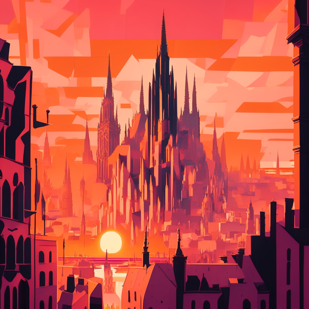 A detailed European cityscape at sunset, the sky painted with shades of pink and orange, depicted in a Cubist style. Prominent features include Gothic architecture and intricate, symbolic embellishments representing blockchain, sustainability, and transparency. The city bustles with activity, hinting at the dynamism of the crypto-market. The soft sunset light imparts a serene yet expectant mood, anticipating the future of the crypto landscape.