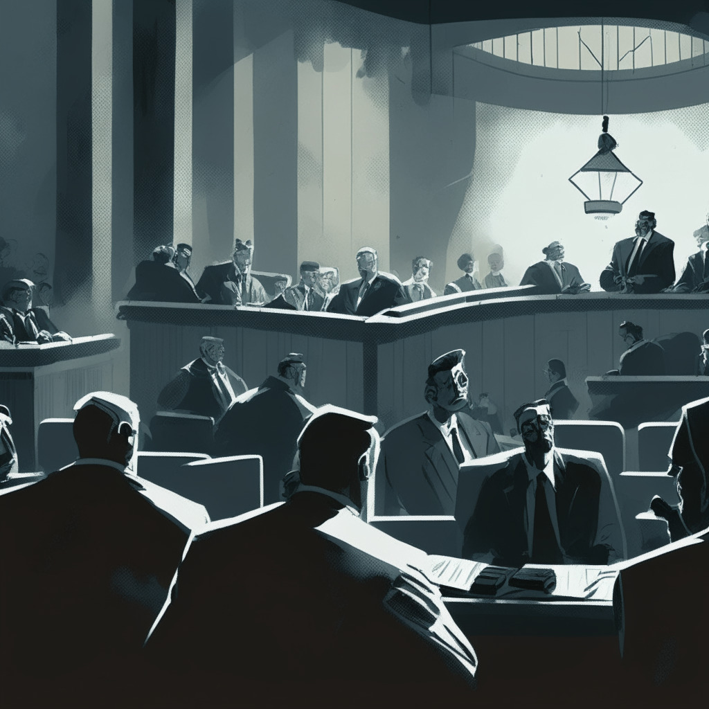 A courtroom scene in muted tones of gray, illustrating a complex legal battle involving prominent crypto figures. Key players, the accused and prosecutors, interact dynamically under cold, unforgiving artificial light. The air is thick with suspicion, intrigue, captured in expressionist style. Sparsely detailed representations of cryptocurrency and hedge fund symbols hang as looming reminders of the case's digital roots.
