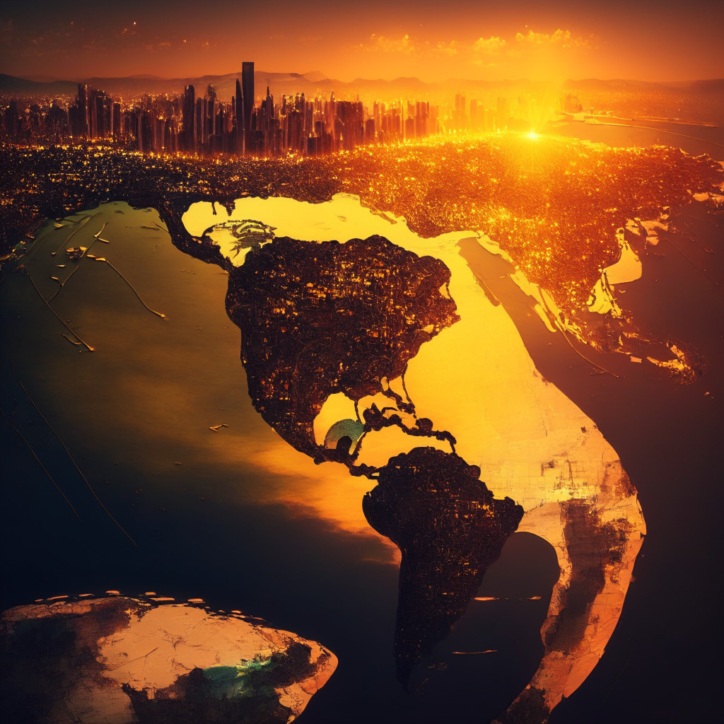 Sunset setting over Latin America and the Caribbean, bustling digital cityscape representing the growth of cryptocurrency, argent and golden hues symbolizing opportunity and caution, abstract representation of private and public sector collaboration, mood of cautious optimism, atmospheric chiaroscuro lighting.