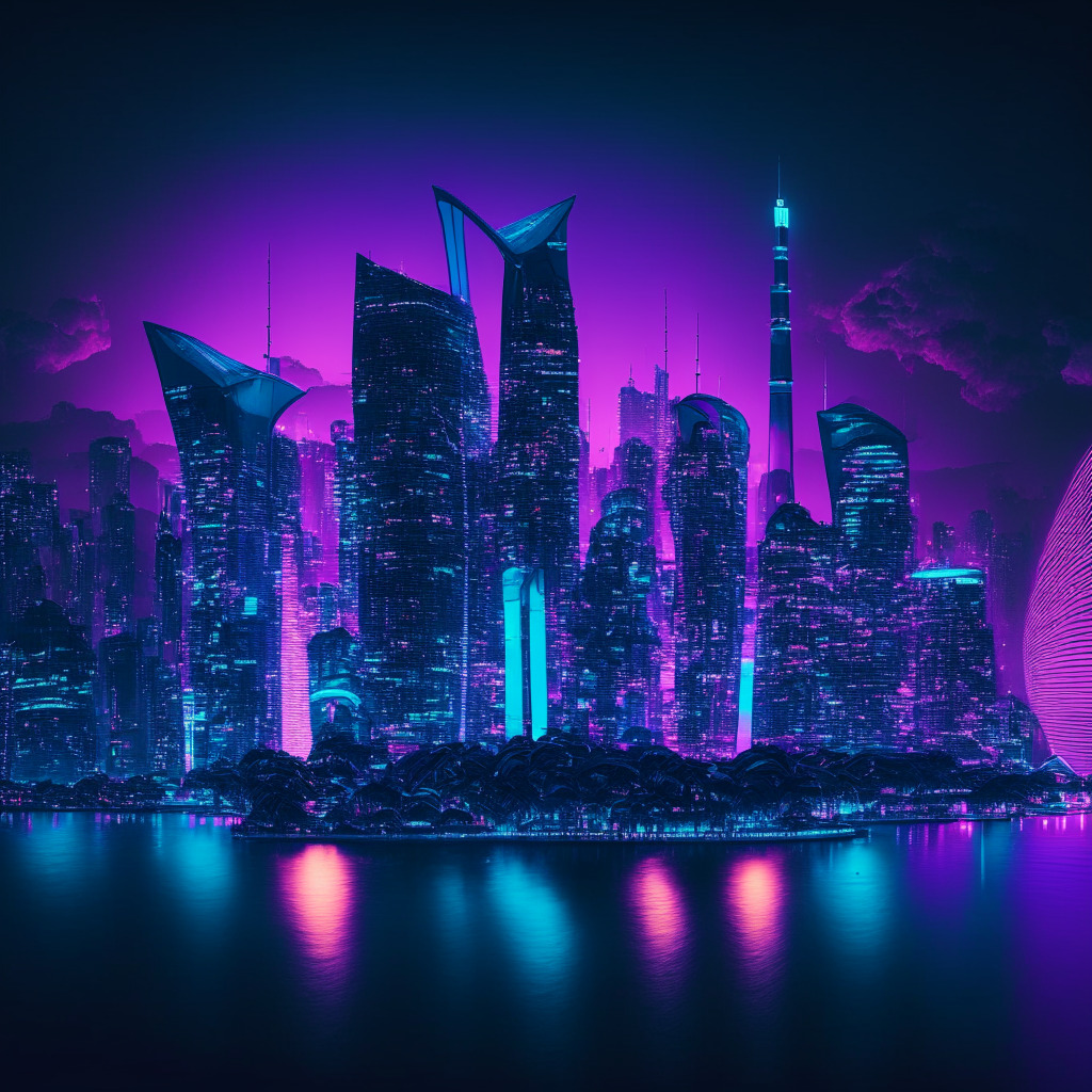 Sweeping panorama of Singapore's iconic skyline transformed into a futuristic blockchain city, bathed in luminescent neon lights that signify digital advancements. The city shrouded in an enigmatic yet bold sapphire twilight, symbolizing the uncertainty and risks in the blockchain domain. Add a sophisticated, somber mood in a surrealistic style, capturing the anticipation of mass blockchain adoption and regulatory challenges.