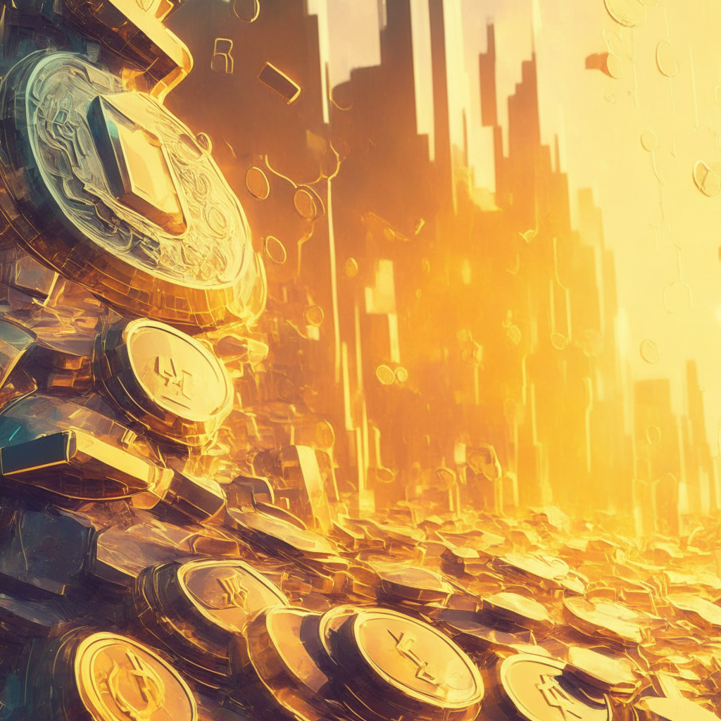 Digital tokens scattered across a futuristic financial landscape under a soft, golden dawn light signifying a new day, Ethereum blockchain strings interconnecting them, stylized in soft, impressionistic strokes. Emotions of revolutionizing traditional finance carry a hopeful yet subtly cautionary mood.