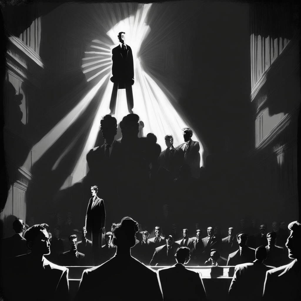A symposium of influential figures in a dark, noir art styled courtroom, under a dramatic spotlight that casts long, imposing shadows. At the center, a young man symbolizing Sam Bankman-Fried, in stoic defiance. On one side, ancillary figures embodying the voices of criticism. Other side showing a massive offer, a nod to the political intrigue. Overall, a mood of perturbation, suspense, and uncertainty.