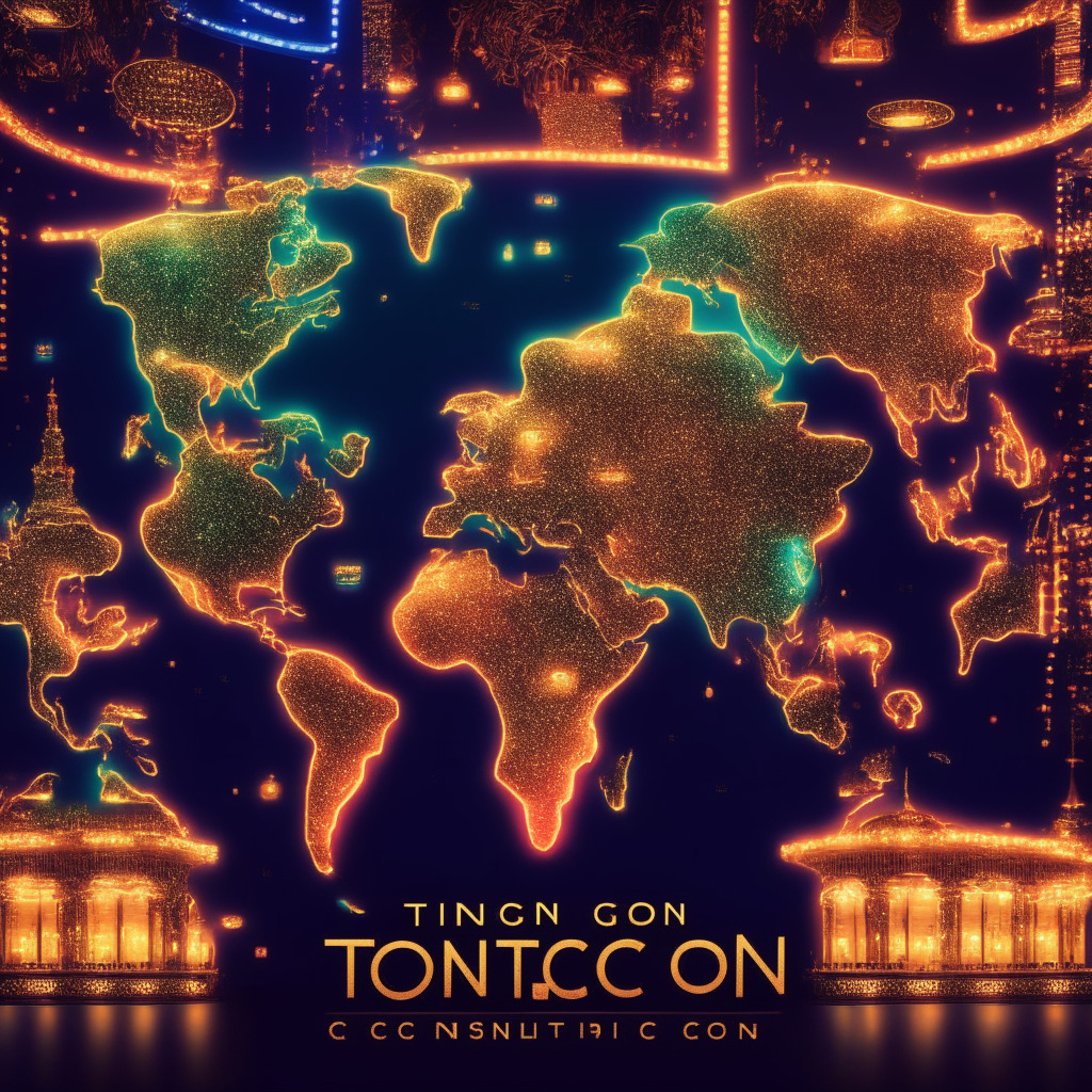 A digital world map glittering with vibrant lights representing the surge in Toncoin, coupled with an opulent, vintage-styled casino secret spot, demonstrating the thrill of TG.Casino in the GambleFi Market. Carry an aura of suspense and intrigue, blending classic elegance with cutting-edge blockchain technology, to capture the risks and rewards of the cryptocurrency landscape. Use at twilight lighting to mimic the hopeful atmosphere and soften any harsh elements, adding an exciting, yet balanced palette reflecting the fluctuations in the market.