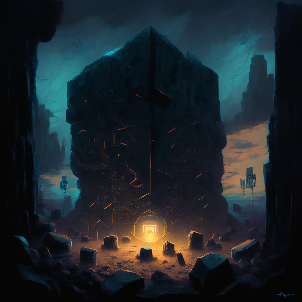 Moody, post-impressionistic-esque representation of an AI as a behemoth labyrinth, with discernible hidden repositories glowing under twilight setting. Huddled at its entrance are AI researchers, visibly wrestling with a large weighty stone representing 'data deletion'. Foreground subtly hints at a game of cat and mouse.