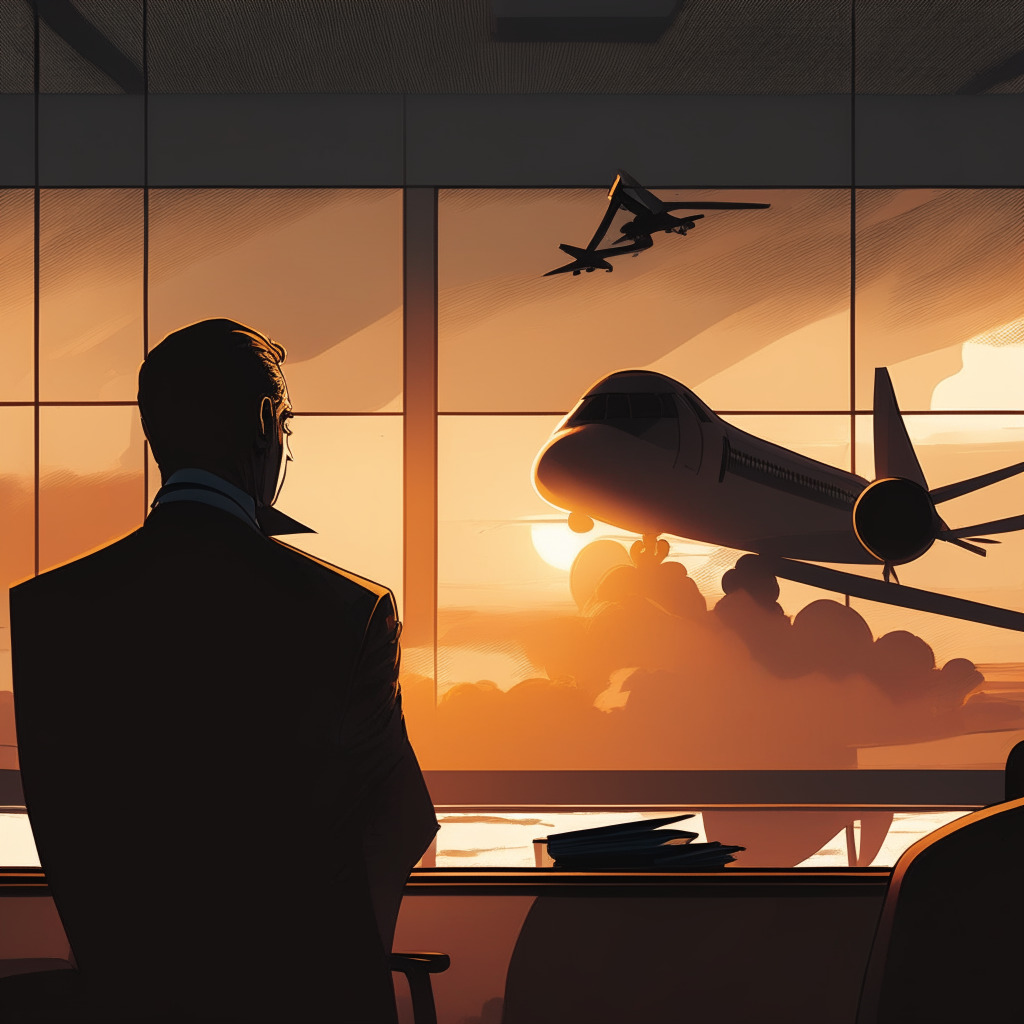 A courtroom view revealing a confident yet troubled CEO against a backdrop of a glossy and sleek private jet. The setting reflects a sunrise, indicating the start of a legal battle. Atmosphere filled with tension and unease, dark shadows adding a sense of foreboding. The jet embodies the potential loss, the CEO's expressions mirror the high stakes of his legal turbulence.