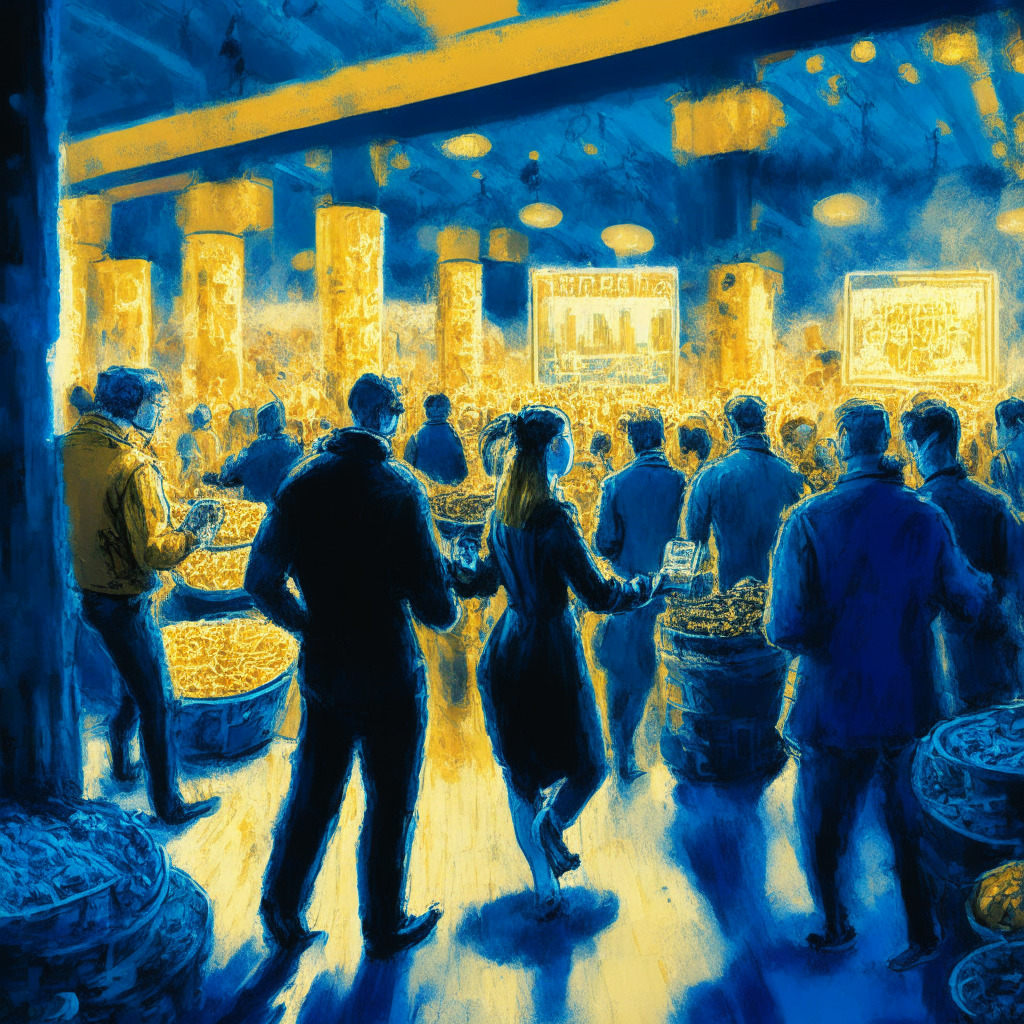 Digital marketplace bustling with activity, cryptocurrency tokens at the center illuminating in blue and gold, representing the FWEN and BTCMTX tokens, A rising graph sketched beside them symbolizing the on-chain surge, A bridge in the background depicting the anticipated expansion, The obscure setting for risk yet overall mood is invigorating and promising, Impressionist painting style.