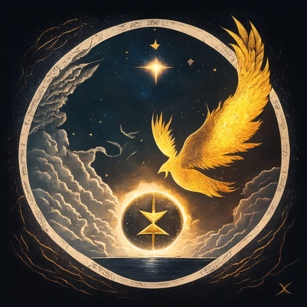 A contrast of two crypto worlds, a falling star representing the struggling Terra Luna Classic under a gloomy, overcast sky, its glow dimming as it is on a downward trajectory, and a rising phoenix that symbolizes the booming Bitcoin Minetrix, soaring towards a bright, sunlit sky, exuding radiance, prosperity and growth. Incorporate a sense of concern and skepticism in the noticeable faces within the crowd of spectating altcoin figures, but also optimism and anticipation. Let the light setting be dusk transitioning into dawn, highlighting the harsh reality of Terra Luna Classic's downfall in stark moonlight and the promise of Bitcoin Minetrix's rise in the warm glow of the morning sun.