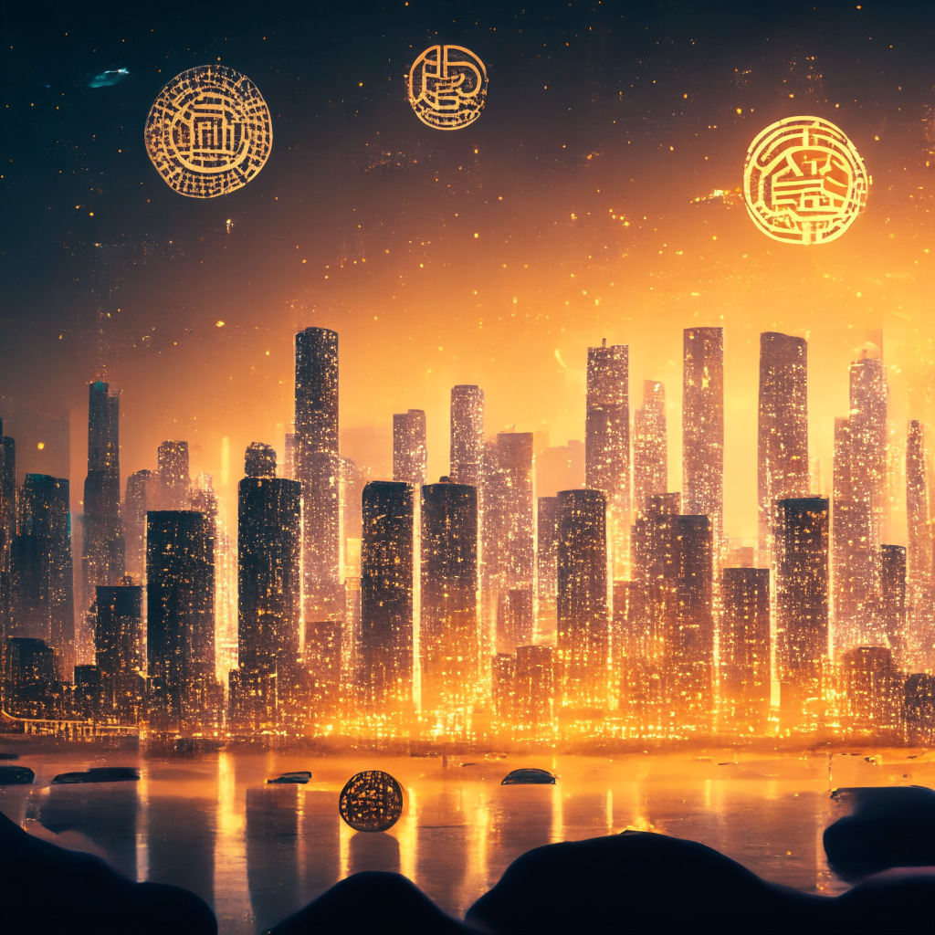 A modern Asian cityscape at twilight, with glowing blockchain symbols floating above the skyline, signifying the blossoming of blockchain ecosystems in Asia. In the foreground, a symbolic representation of the Titan Fund, a grand chest filled with golden coins. The scene casts an air of mystery and anticipation in a semi-abstract, futurist style. Mood is optimistic yet cautiously mysterious.