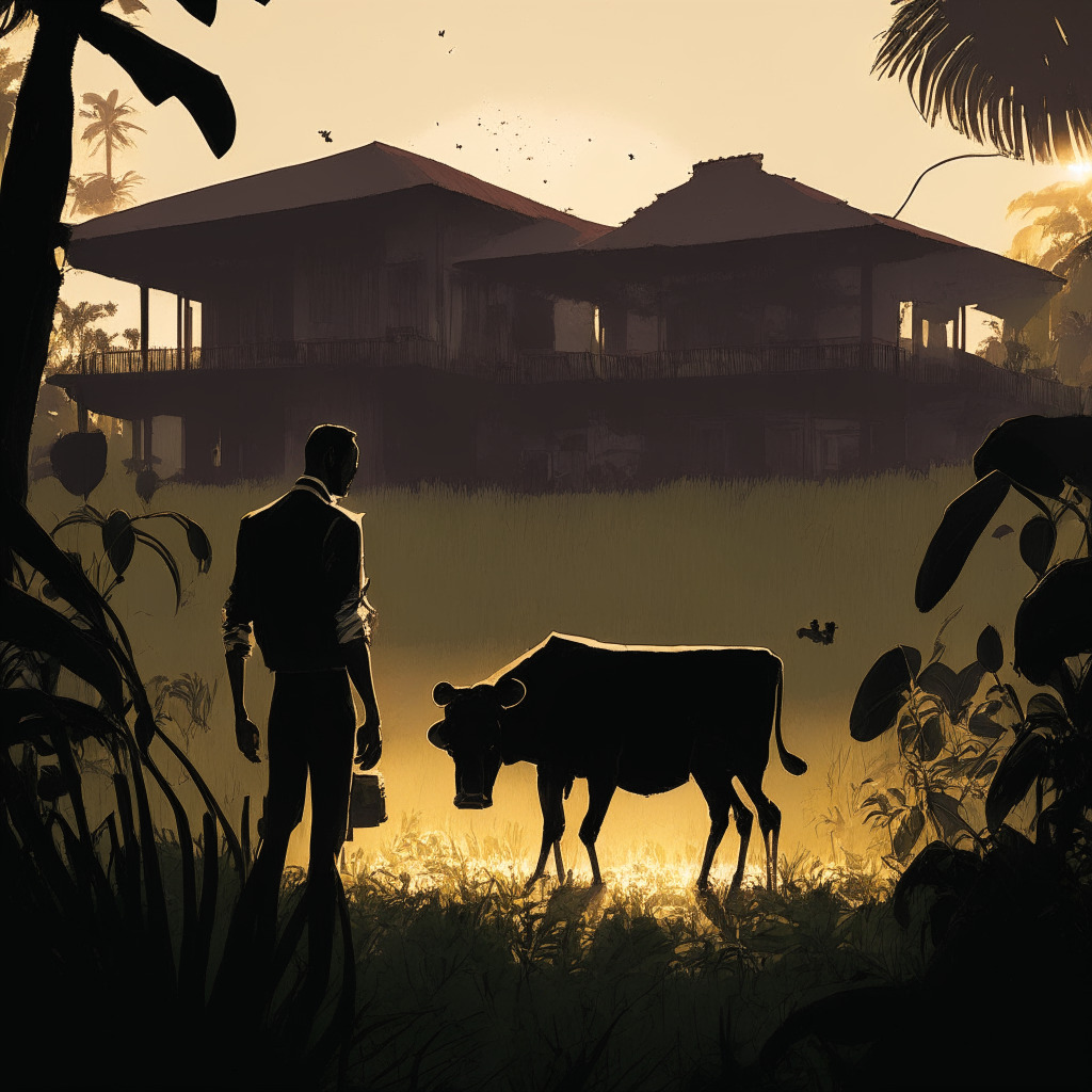 Sunset casting long shadows on a lavish Singaporean urban farm, once a bungalow, now teeming with lush vegetation and livestock. In the foreground, a tense character, styled as if in fugitive status, peering over a shoulder, apprehension in their eyes. Noir lighting rendering a mix of suspense and melancholy in the scene, embodying a fallen crypto empire.