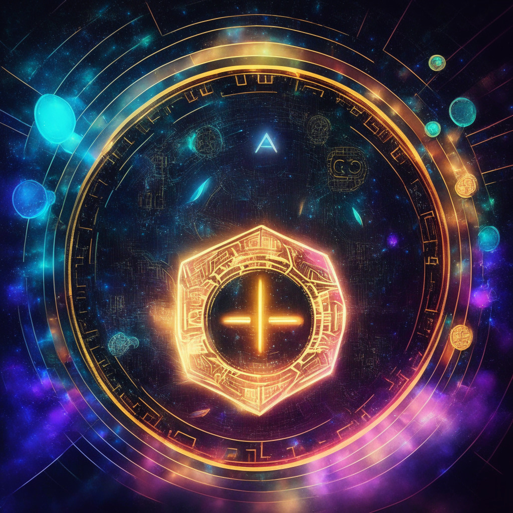 A cyberspace scene illuminated with soft, radiant hues, reflecting the risky yet mesmerizing world of crypto. In focus, a shiny coin with 'LUNC' embossed on it, floating above a fluctuating graph with a symmetrical triangle pattern. Adjacent, a bustling digital casino indicating TGC's rise, framed with Telegram's iconic logo, amidst the glow of prosperity.