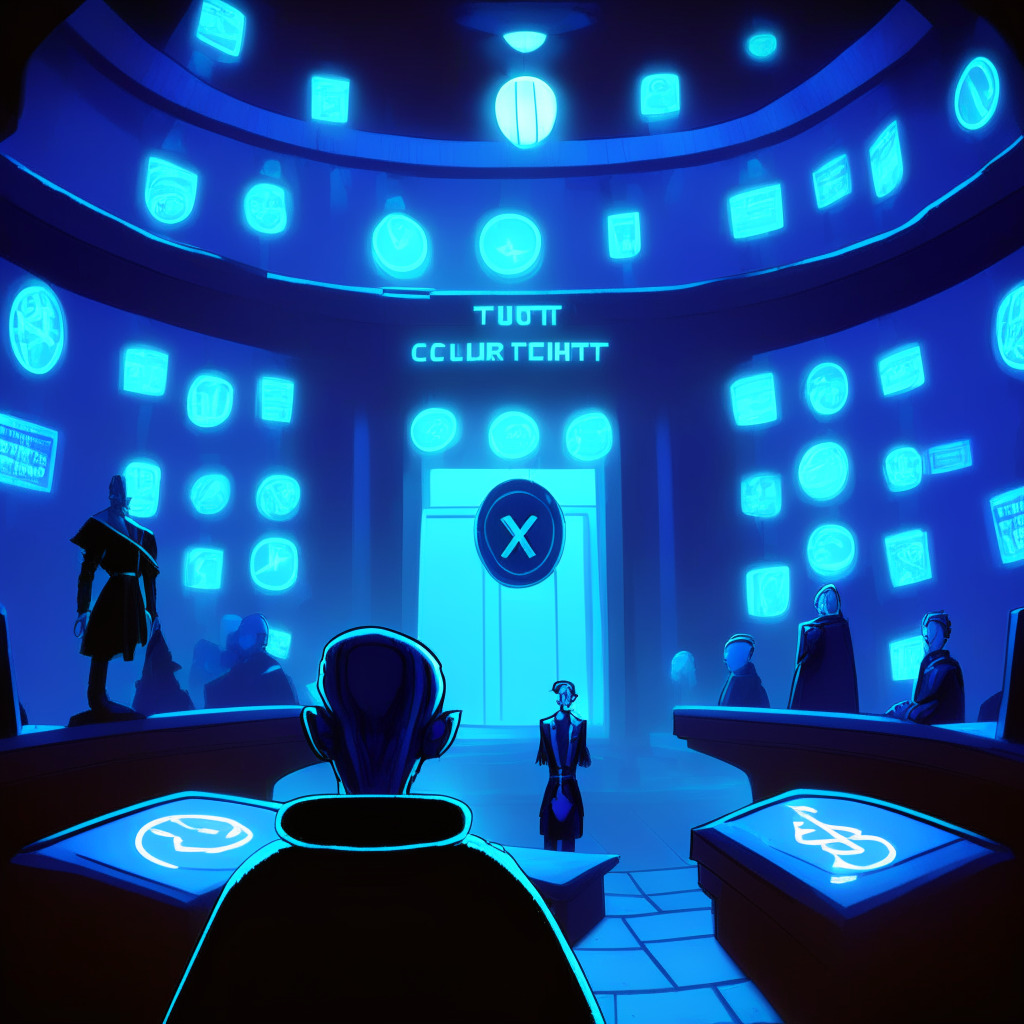 Dark stormy courtroom with the GALA token on trial, expressions of worry and doubt on faces. On the horizon, a beacon of hope, Peter Molyneux with a futuristic game version of Legacy, in cool blue illuminated lights. Split scene shows a vibrant arcade filled with nostalgic game motifs for Meme Kombat, tokens falling like arcade coins, bathed in a warm, inviting light. In the center, a balance scale indicating the tug of war. The artwork employs a blend of realism and digital abstraction, conveying a sense of uncertainty and rising tension.