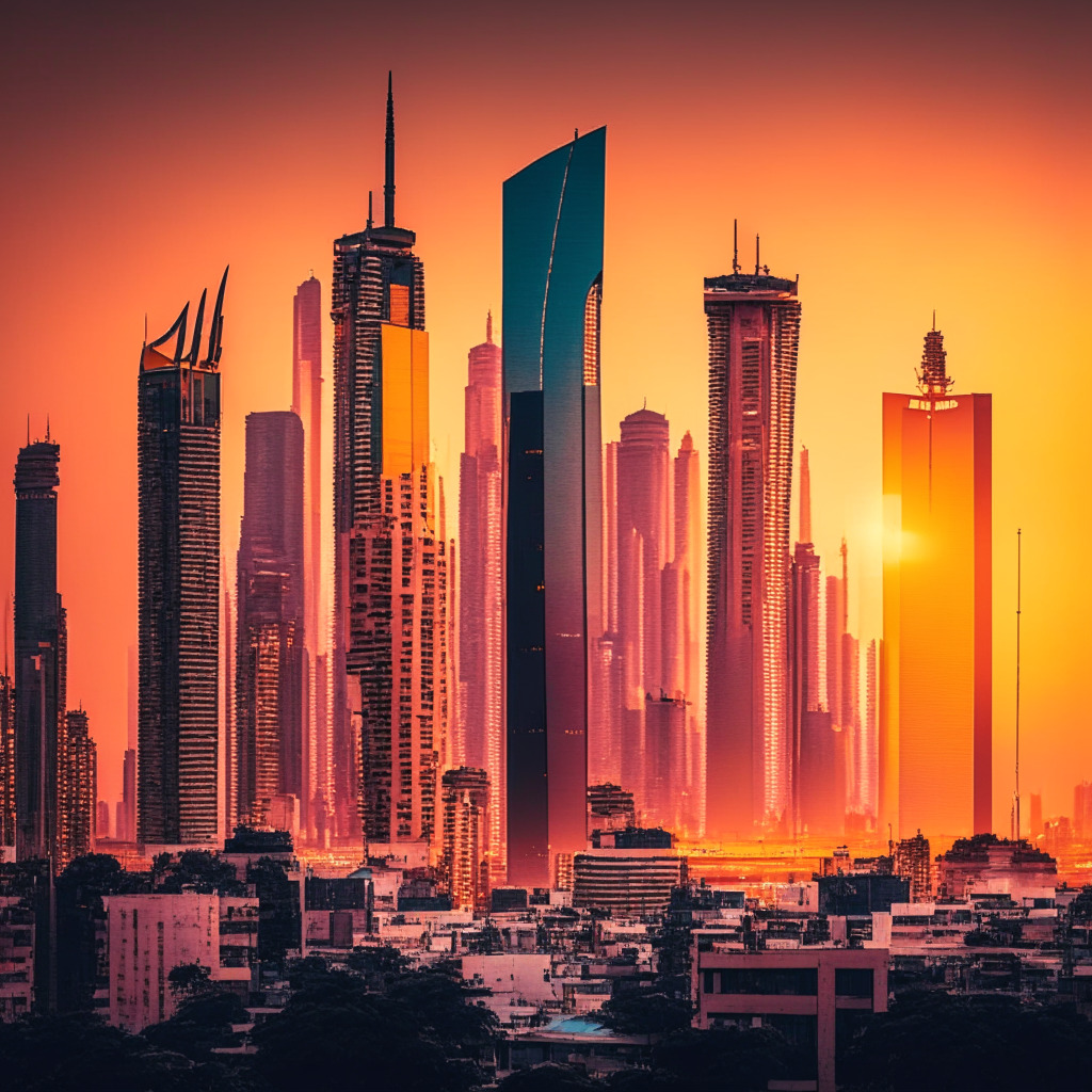 A metropolitan city skyline at dusk, bathed in the warm hues of the setting sun, embodies the vibrant tech environment of India. In the foreground is a bold, futuristic office building symbolic of a cryptocurrency exchange, glowing with potential and innovation. The image communicates an air of anticipation and excitement, with a bustling Indian bazaar imbued with distinctive hues and patterns, showcasing commerce, local culture and diverse talent. A metallic, futuristic currency symbol hovers above, representing the cryptocurrency market. The mood is optimistic, with a touch of mystery, mirroring the bold and daring investment into an untapped, rapidly evolving market. Mood lighting illuminates the bustling scene, casting long shadows providing a touch of depth and dynamism. The style is a mix of contemporary realism with a pinch of futurism.