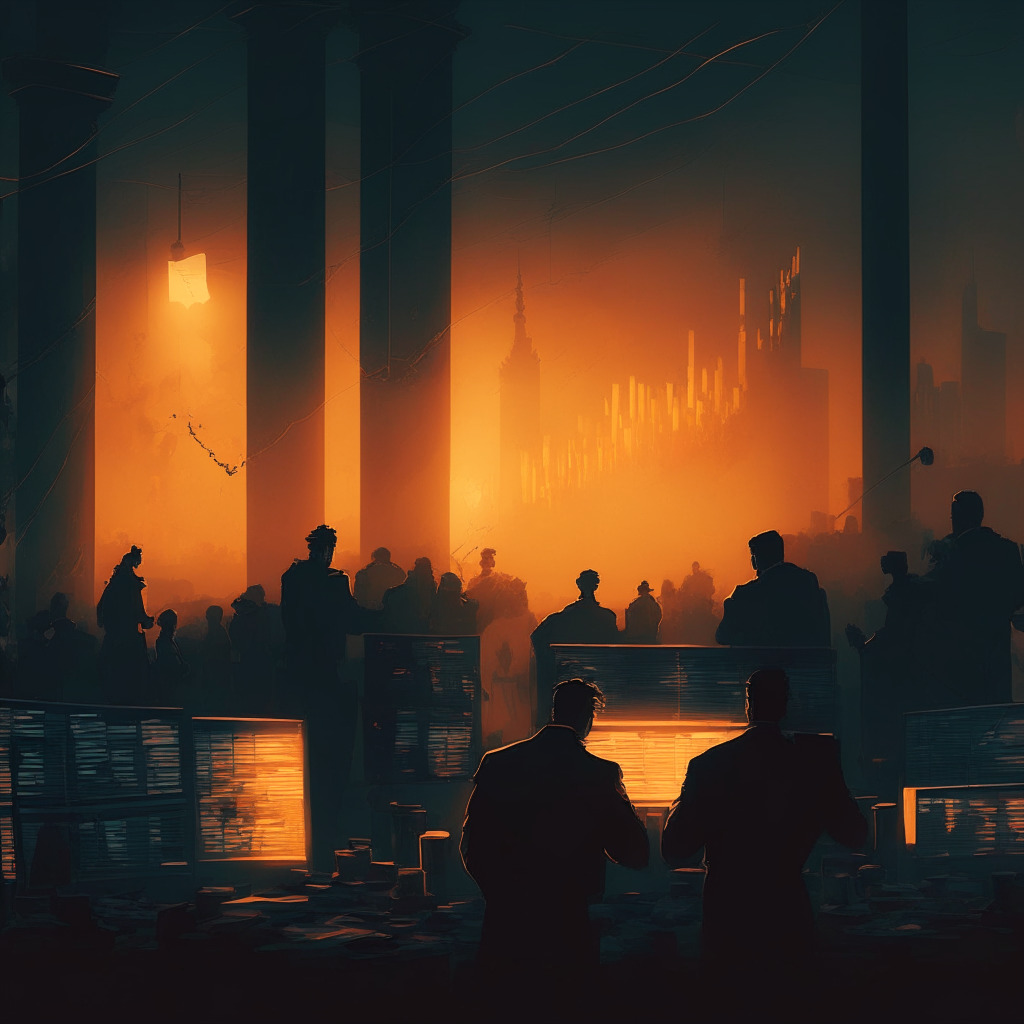 Dusk-lit financial market scene with the shadows of war, showcasing plummeting stocks illustrating global volatility, and safe-haven assets like oil and gold illuminated. The overall mood should be anxious, hinting at uncertainty in the crypto world and traditional economy.