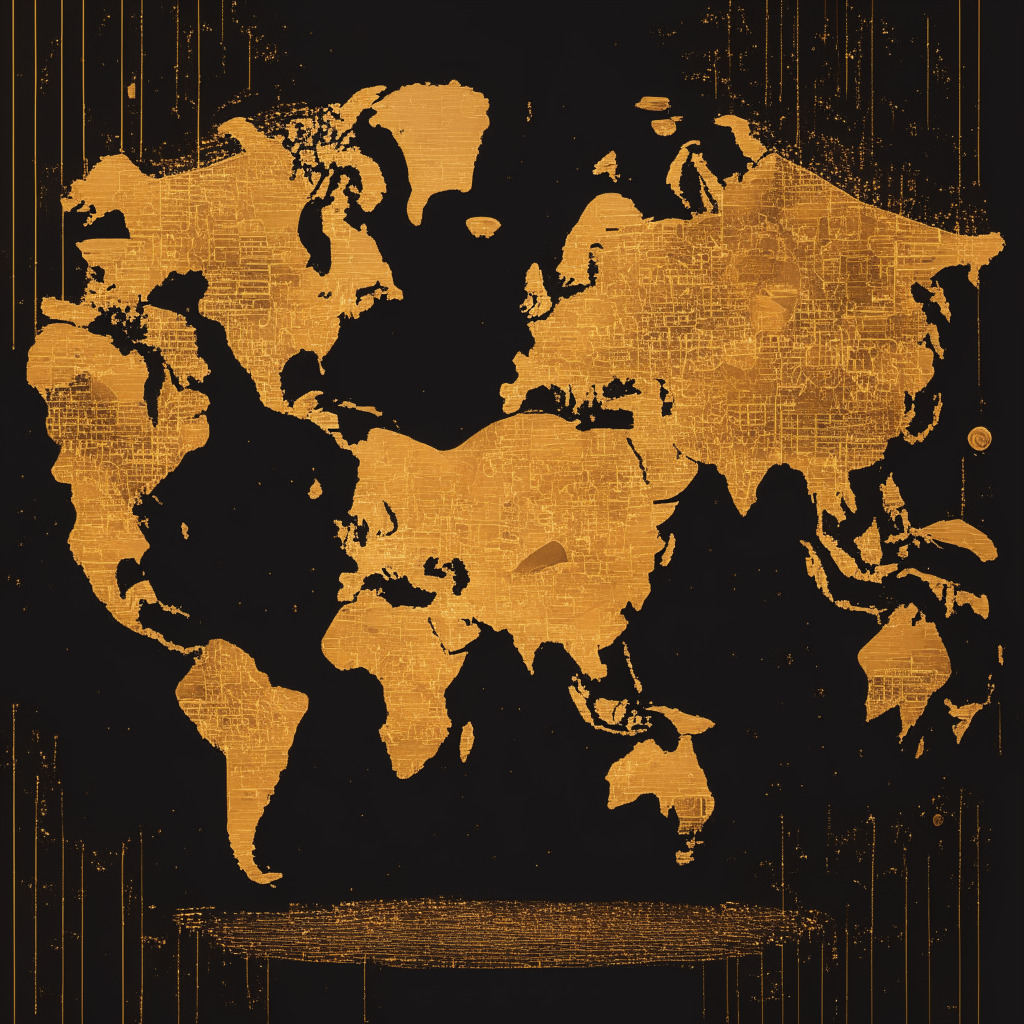 Diverse worldwide crypto investors against a global map, overlaid with intricate blockchain patterns in golden hues. Imprint a mood of optimism yet uncertainty, symbolize the risk with a balancing scale showing coins on one side & regulations on the other. Dominant in style of modern cubism, embrace a dusky twilight tone juxtaposing hopes & challenges in the crypto journey.