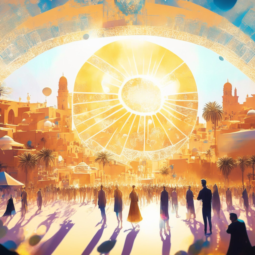 A panoramic view of Marrakesh, Morocco under a golden, sunlit sky, Commotion of central bank governors and finance ministers animatedly discussing, an air of anticipation surrounding them. Ethereal holograms showing crypto symbols float above, A looming massive multifaceted crystal in the backdrop, symbolizing global crypto regulation, casting a soft luminosity. Artistic style: Impressionism with bold brush strokes, Mood: Mixture of apprehension and optimism.