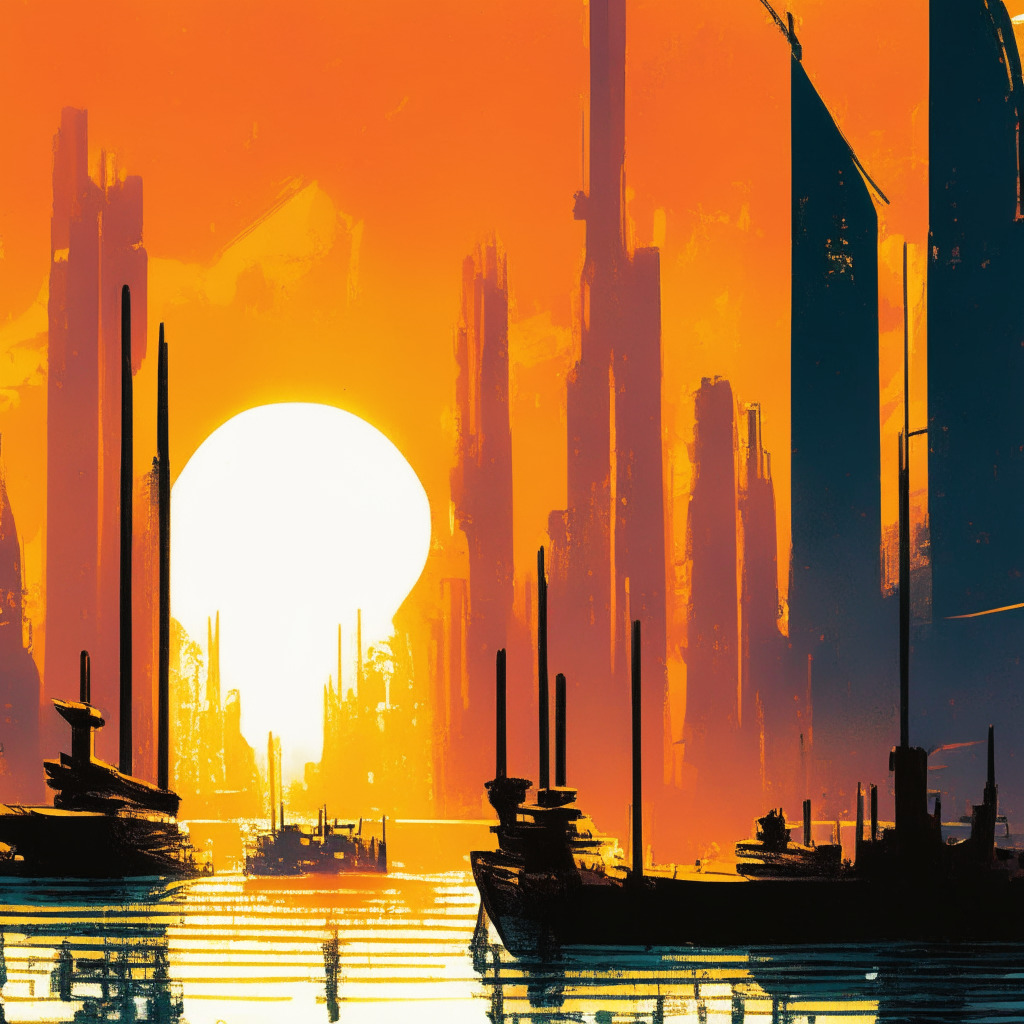 Sunrise over a bustling city harbor, stylized in impressionist art, glowing optimistically in warm hues of orange and yellow. Boats bobbing on the calm water, silhouettes of futuristic stock market boards reflecting on them. In the background, skyscrapers loom with arrow symbols, marked with upward and downward trends, a mix of triumph and uncertainty.
