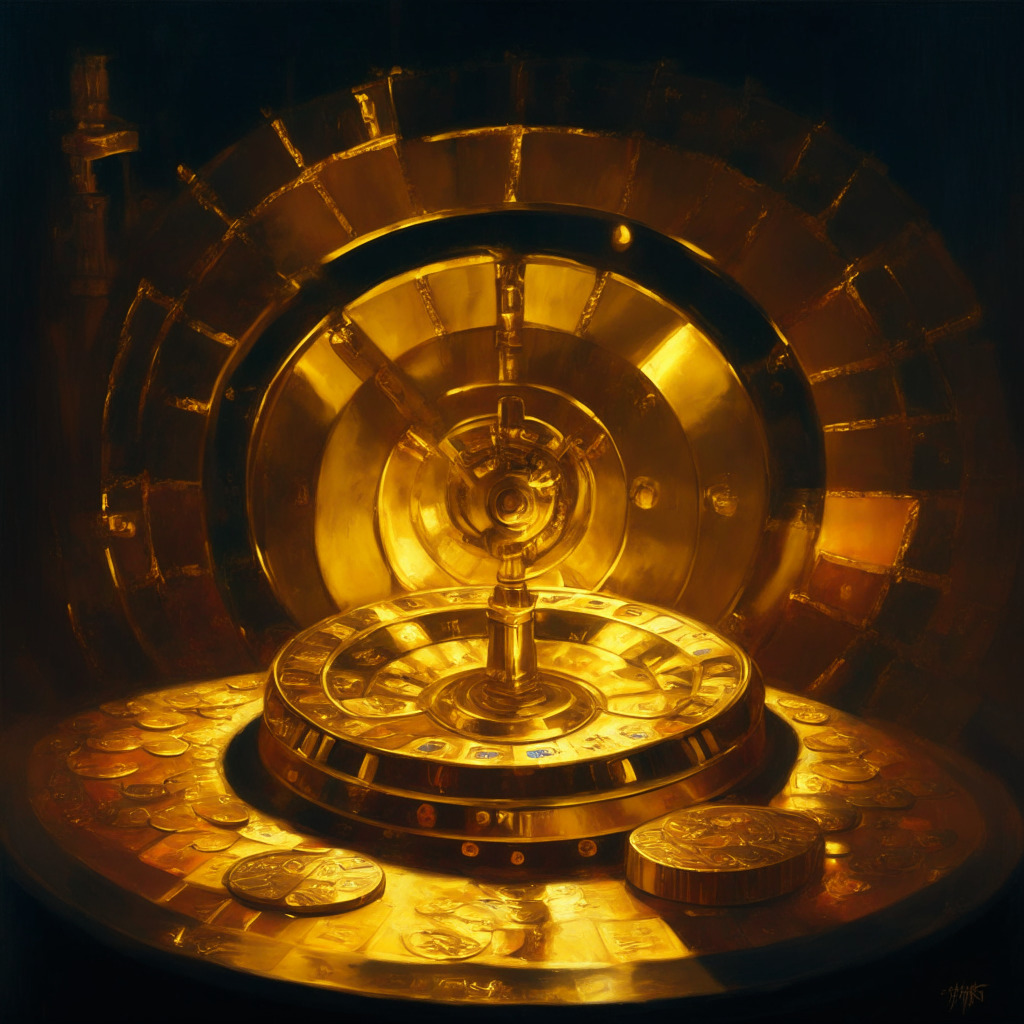 Visualize a dramatic scene depicting the contrast of solid gold bars signifying safety amidst a chaotic financial market interspersed with symbols of emerging gamble tech, such as a roulette wheel. Set in a chiaroscuro setting with the gold glowing under a spotlight while the gamble tech recedes into the shadows. Painted in the traditional oil painting style that emphasizes texture and detail, projecting a mood of suspense and intrigue.