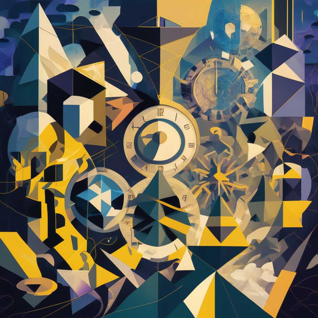 A visually complex scene depicting the conceptual metamorphosis of Ethereum Trust into a Spot ETF, featuring elements such as the clock to symbolize time progression and a complex maze to represent regulatory pathways. Artistic style: Cubism-like fragmentation and abstraction to capture the volatile nature of crypto markets. Light setting: dawn or dusk, indicating the start or end of an era. Mood: a mix of anticipation and skepticism, symbolizing the balance between crypto adoption and inherent ethos.