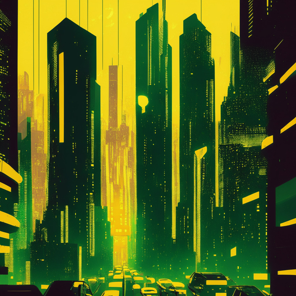Urban cityscape at dusk, Speckled light pouring through skyscrapers onto streets dotted with modern tech individuals engaged in cryptotrading on futuristic devices. Bold colors of green and gold symbolizing emerging prosperity, a hint of mystery in the air., Neon signs subtly referring to Bitcoin and other cryptos. Artistic style: Futuristic yet warm, with a touch of Art Deco elegance, Mood: optimistic but alert.