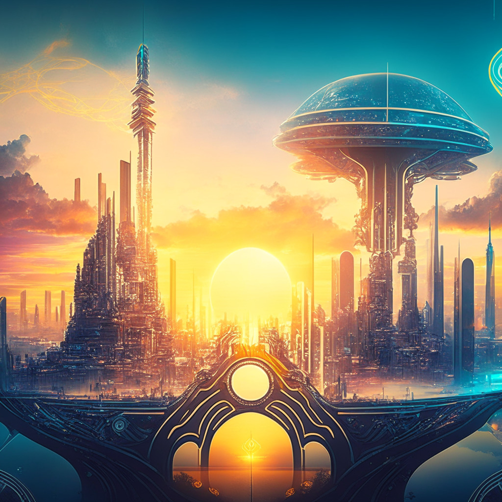 A futuristic panorama of a digitally transformed city, incorporating AI elements, blockchain symbols, merging Ukrainian and British landscapes. Depict a sunrise, indicating new beginnings, an ethereal Art Nouveau style, cybersecurity imagery, regulations as safeguarding network lines. Convey hope, caution, anticipation and innovation tensions under a balanced, harmonious sky.