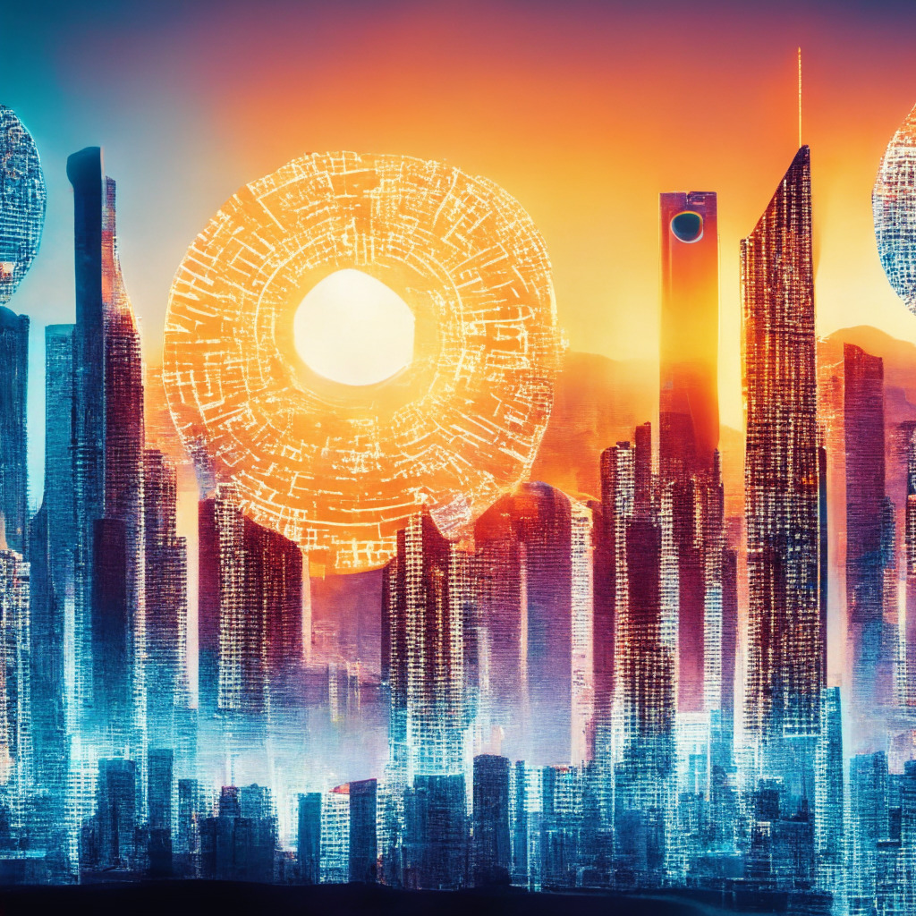 A futuristic Hong Kong skyline under the iridescent array of a setting sun, interwoven with digital symbols and yuan signs. In the foreground, a sleek interface of a digital wallet with Cross-border transaction activity. Capturing the inevitability of digital currency adoption, the scene is imbued with a sense of both awe and caution, enlivened by the vibrant, intense play of light and futuristic undertones.