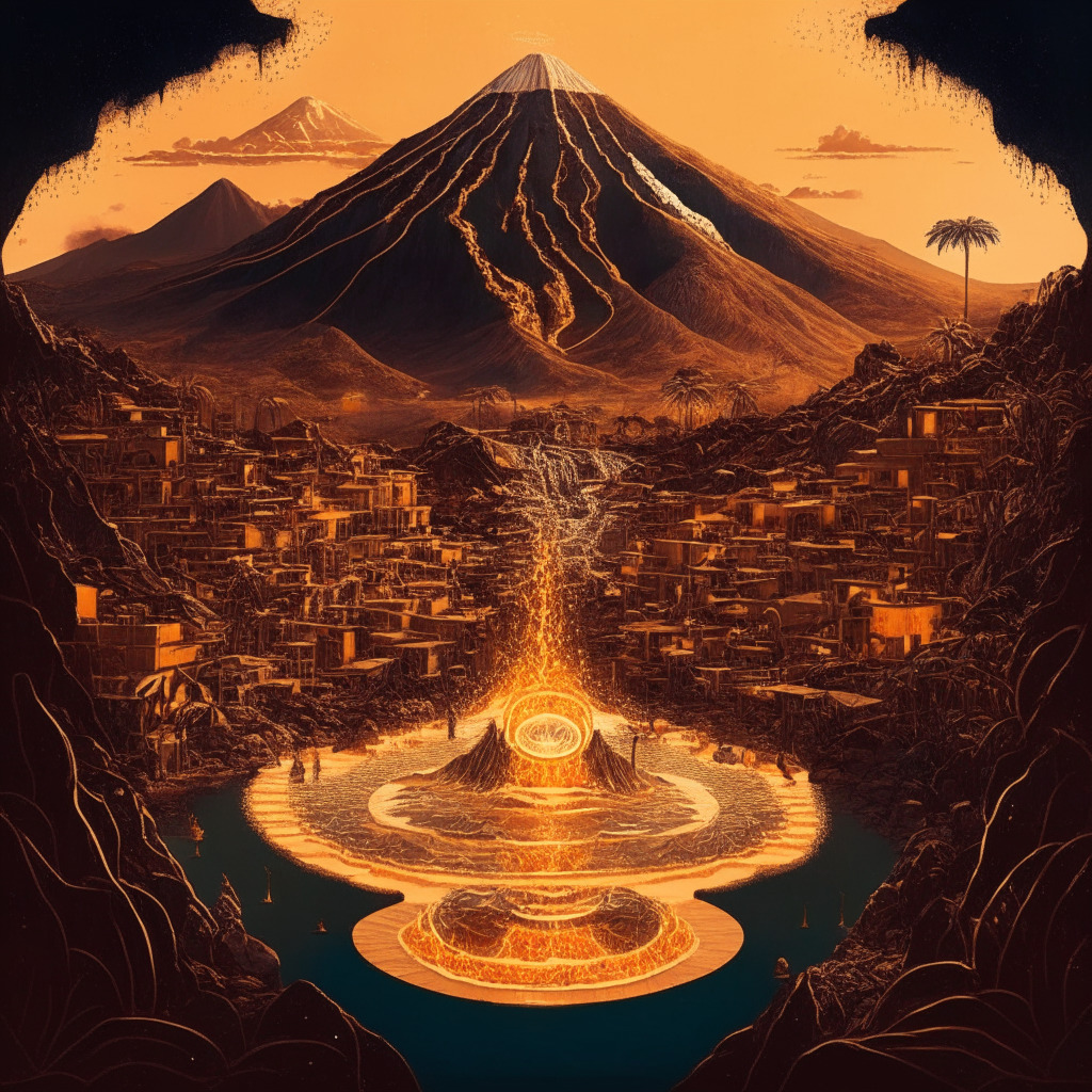 An intricate representation of El Salvador's pioneering Lava Pool project, where geothermal energy meets bitcoin mining. A blend of adventure and innovation, with a futuristic, sustainable city bustling around an imposing, powerful but graceful volcano. Under brilliant golden light reflecting a positive and ground-breaking mood, set in soft art nouveau style.