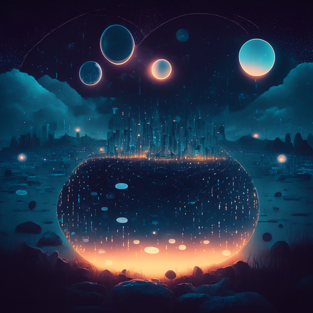 Surrealistic financial landscape bathed in twilight, a large digital token stands in the center signifying asset tokenization, blockchain chains circling it. A decentralized ledger glowing subtly in the background. Small glowing orbs symbolizing AI drifting around. A mood of mystique and uncertainty prevails.