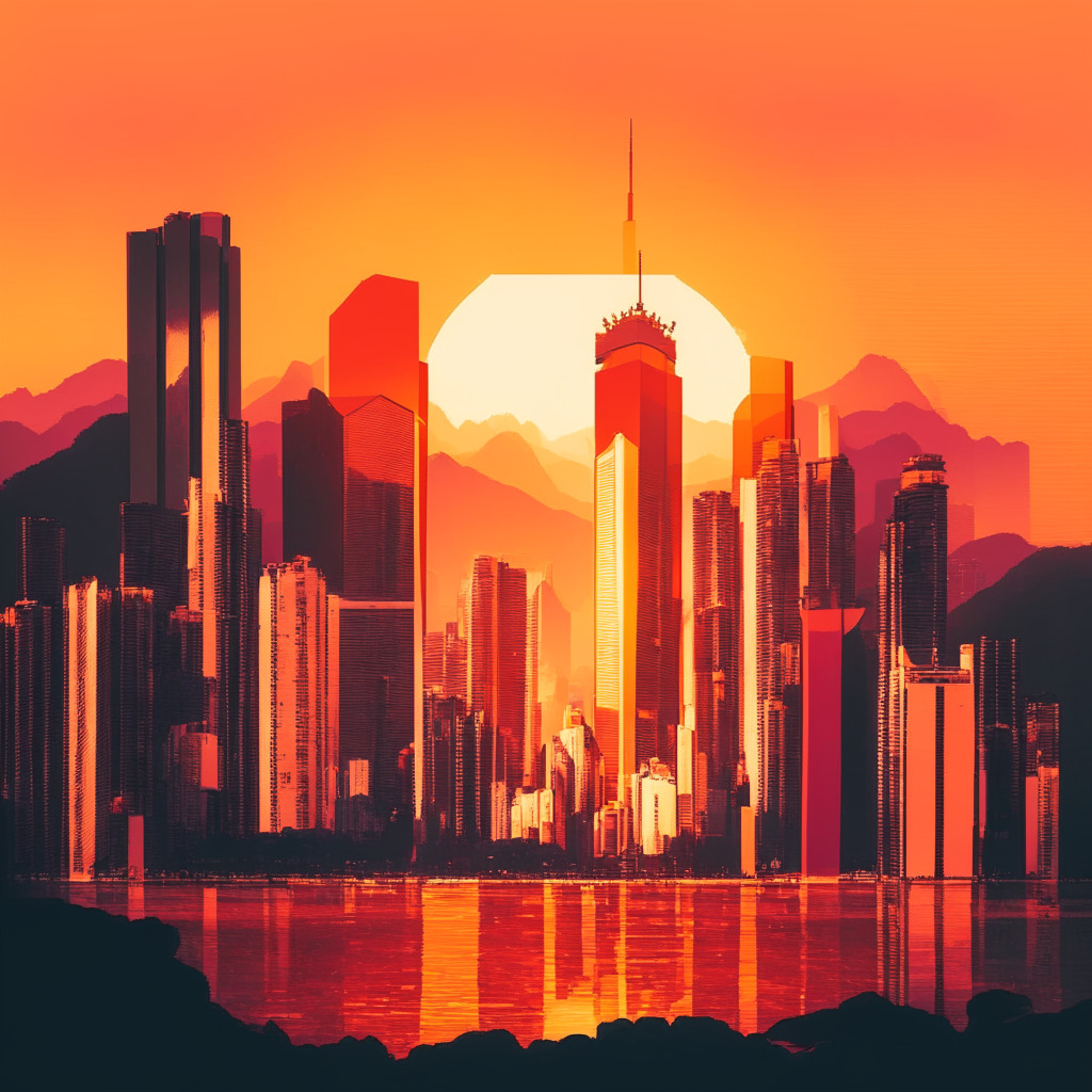 A vivid snapshot of Hong Kong bathed in warm sunset hues, reflecting a sense of hope and possibility. The city's iconic skyline with skyscrapers clutching crypto symbols, suggesting its evolution as a digital asset powerhouse. Subtle hints of Chinese influence, perhaps a shadow or flag, portraying Beijing's tentative interest without overt dominance. The mood is optimistic, vibrant and embracing change in the twilight setting.