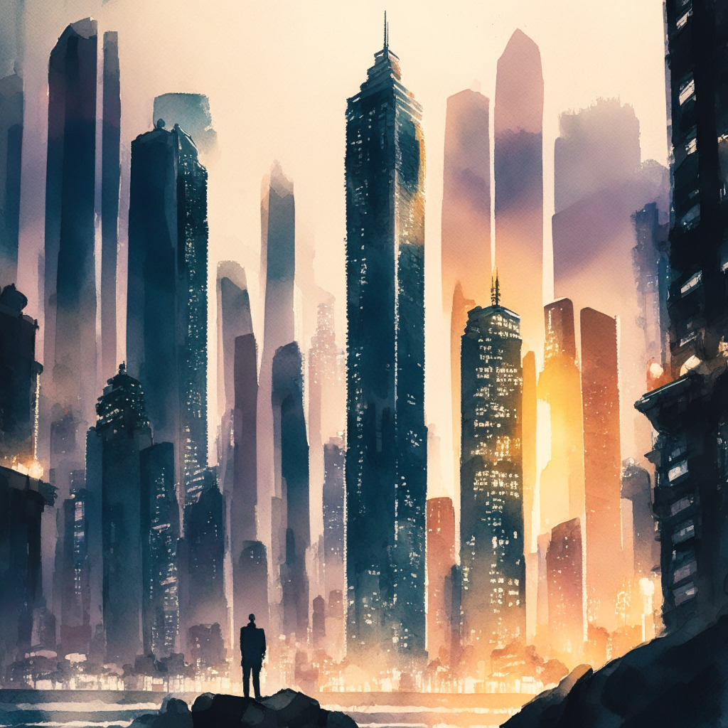 Profound depiction of Hong Kong's financial district in watercolor style, array of skyscrapers softly lit by dawn's early light. Foreground features shadowy figures symbolizing law enforcement and regulators, protecting a glowing virtual coin to represent safety in the crypto market. Embodying a mix of apprehension and resilience, stressing the need for regulation in the unpredictable cryptocurrency landscape.
