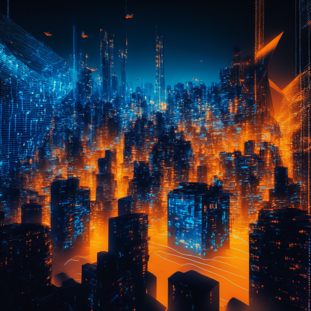 A futuristic Hong Kong cityscape at twilight, neons reflecting on shiny surfaces with dynamic blockchain patterns woven into the architecture, glowing translucent smart contracts fluttering in the air like origami birds. A dramatic mixed lighting setting, with warm, orange city lights contrasting against cool blue tech symbols, creating a chiaroscuro effect. A blend of realism and impressionistic style, it emanates a sense of awe yet caution, capturing a balanced mood between excitement and prudent vigilance.