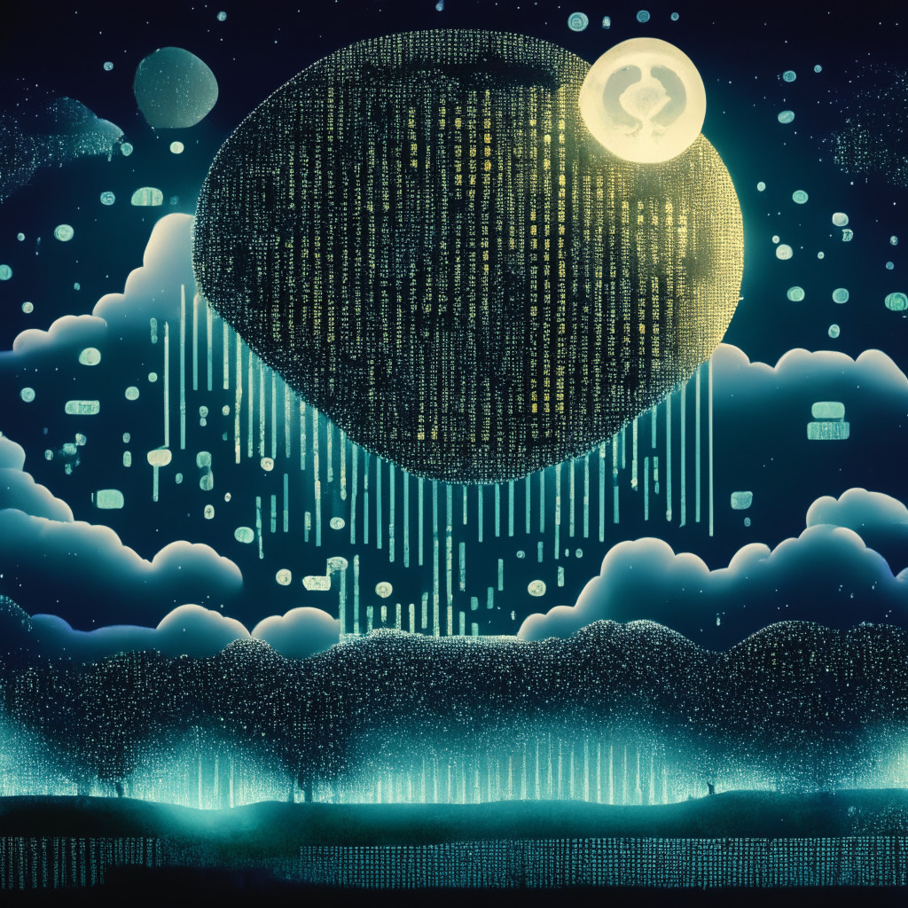 A surreal financial landscape, night setting with moon partly obscured by thick clouds, intricate matrix pattern glowing, showing a metaphor of Crypto-Risk Assessment Matrix. The tone carries a sense of uncertainty. A decision tree in foreground, pathways symbolizing different macroeconomic factors, emitting muted pastel light to represent the novelty & calm caution. A subtle storm in the background visualizes volatility of the crypto market.