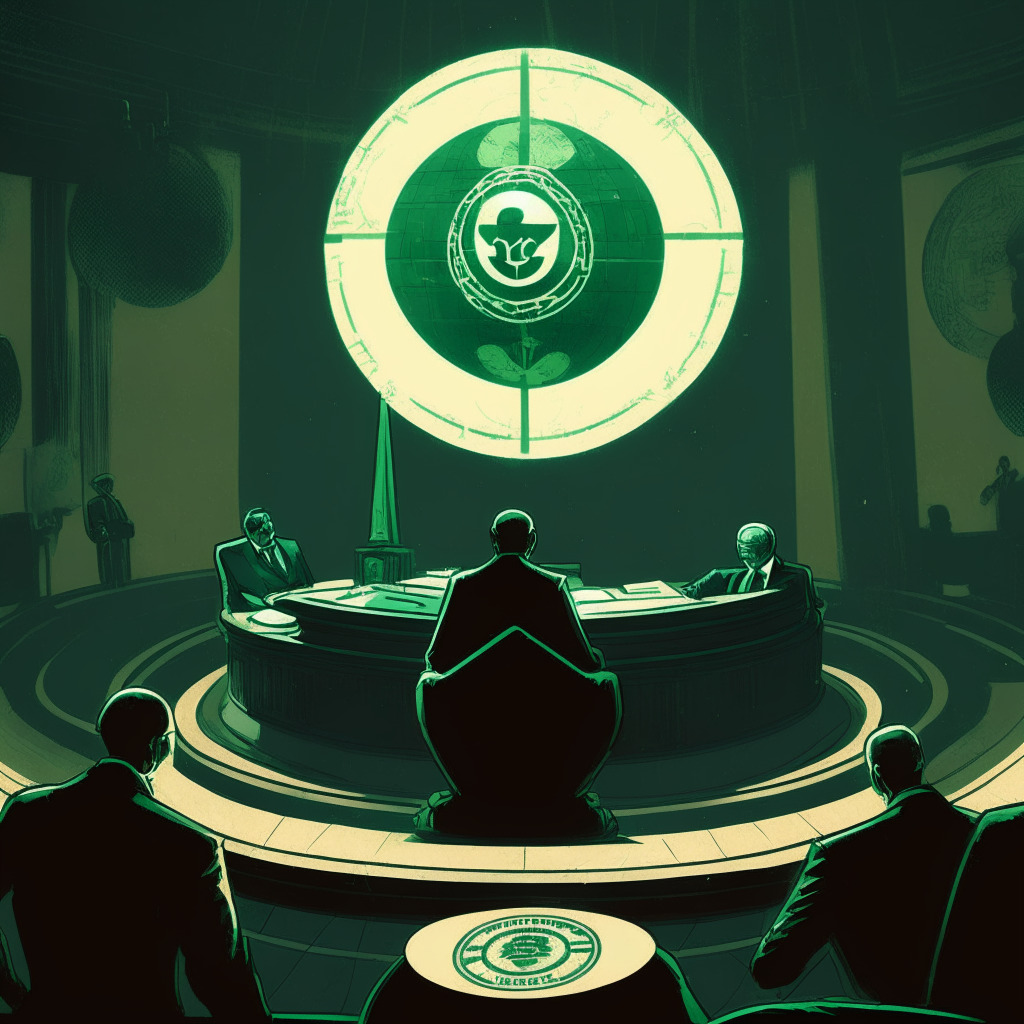 A dramatically lit courtroom showing a crypto magnate under scrutiny, the judicial symbol of scales slightly tipping. The setting radiates intensity & conflict, balancing between crypto coins and a green orb symbolizing altruism. In the background, a shadowy hacker figure lurks, a globe with the UN emblem emphasizes international regulations.