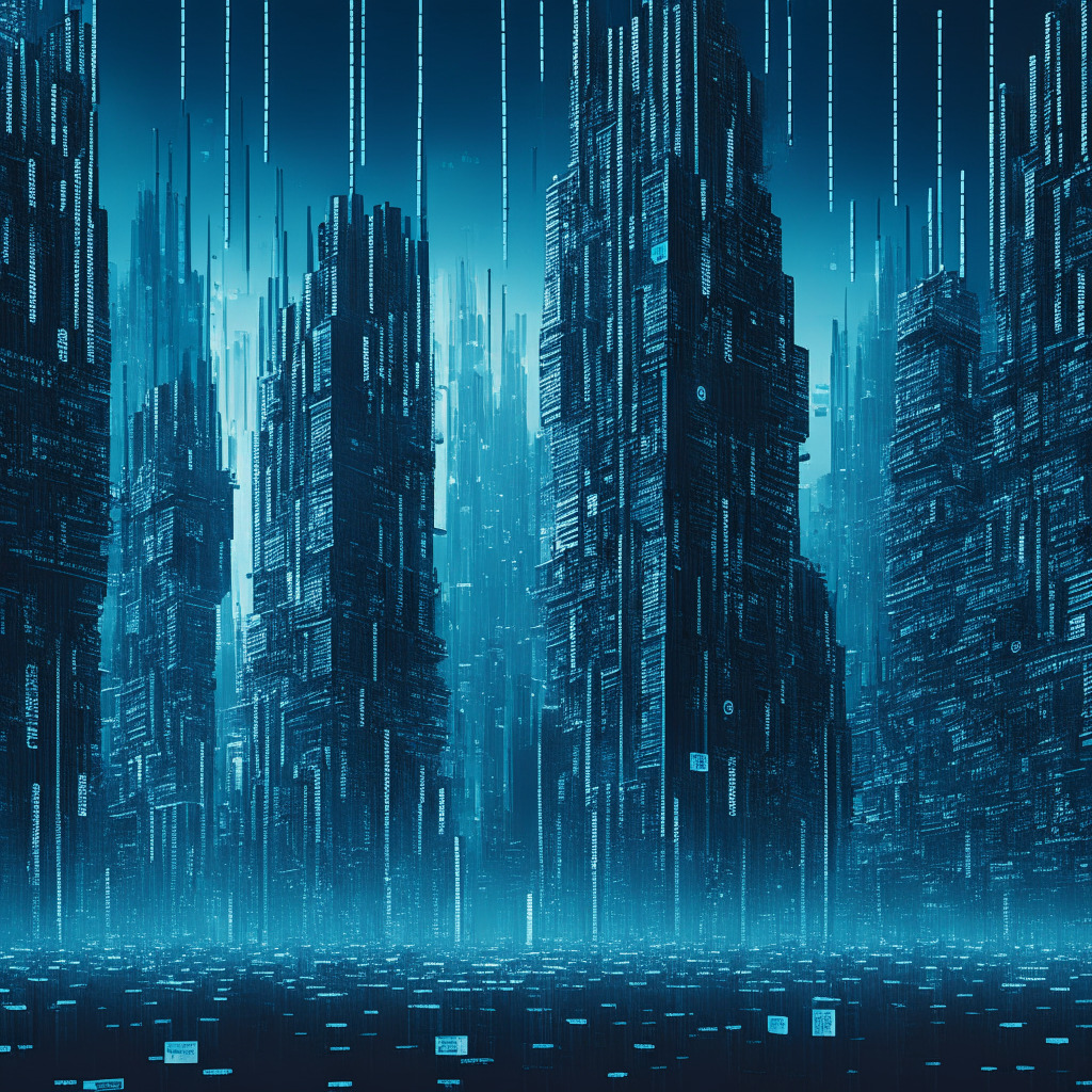 A digitally rendered, dystopian cityscape, characterized by looming structures with binary codes protruding like skyscrapers. At the heart, an enormous, magnified database server connects to myriad branches, representing various global cryptocurrency exchanges. The scene is bathed in cool, blue hues, creating an eerie, ominous mood that echoes surveillance and cybersecurity vibes. The style reminiscent of a high-tech, noir themed comic book.