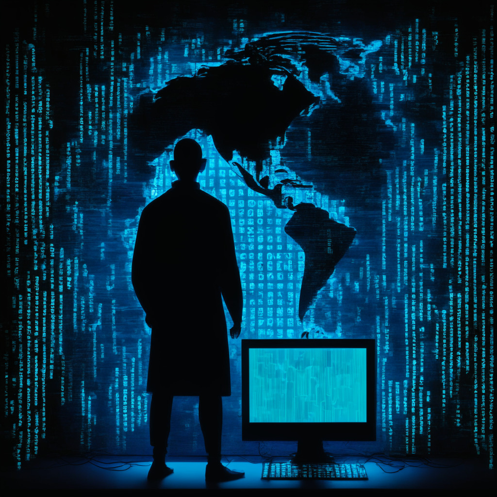 A shadowy figure secretly acquiring passwords from behind a glowing circuit-patterned computer screen, reflections of blockchain symbols revealing their inner motives. The scene is awash in cool, ominous hues, highlighting the sinister insider threat in the world of blockchain. Behind, there's a faint map showing Thailand and China, symbolizing swift global police action. The atmosphere is suspenseful yet hopeful, mirroring the grave nature of cybersecurity in the cryptocurrency world and reassuring faith in the system's resilience.