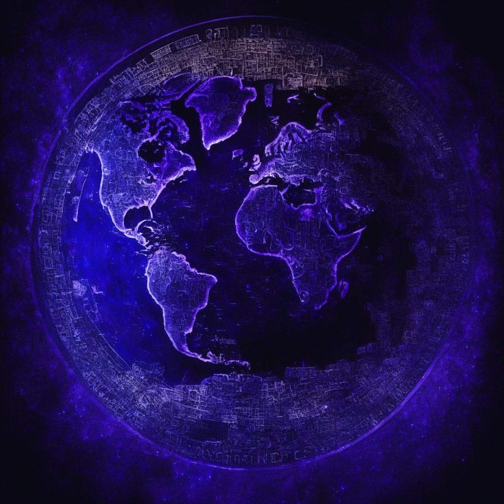 A surreal artistic rendition of global networks bridging the East and West, Digital Dirham coin prominently centered, painted in deep midnight blues and galaxy purples that symbolize the mystery and vast potential of digital currencies. Light shines brightly from the coin itself, highlighting its importance and illuminating surrounding international currencies in shadowy background. Mood is one of anticipation, wonder and a hint of controversy.
