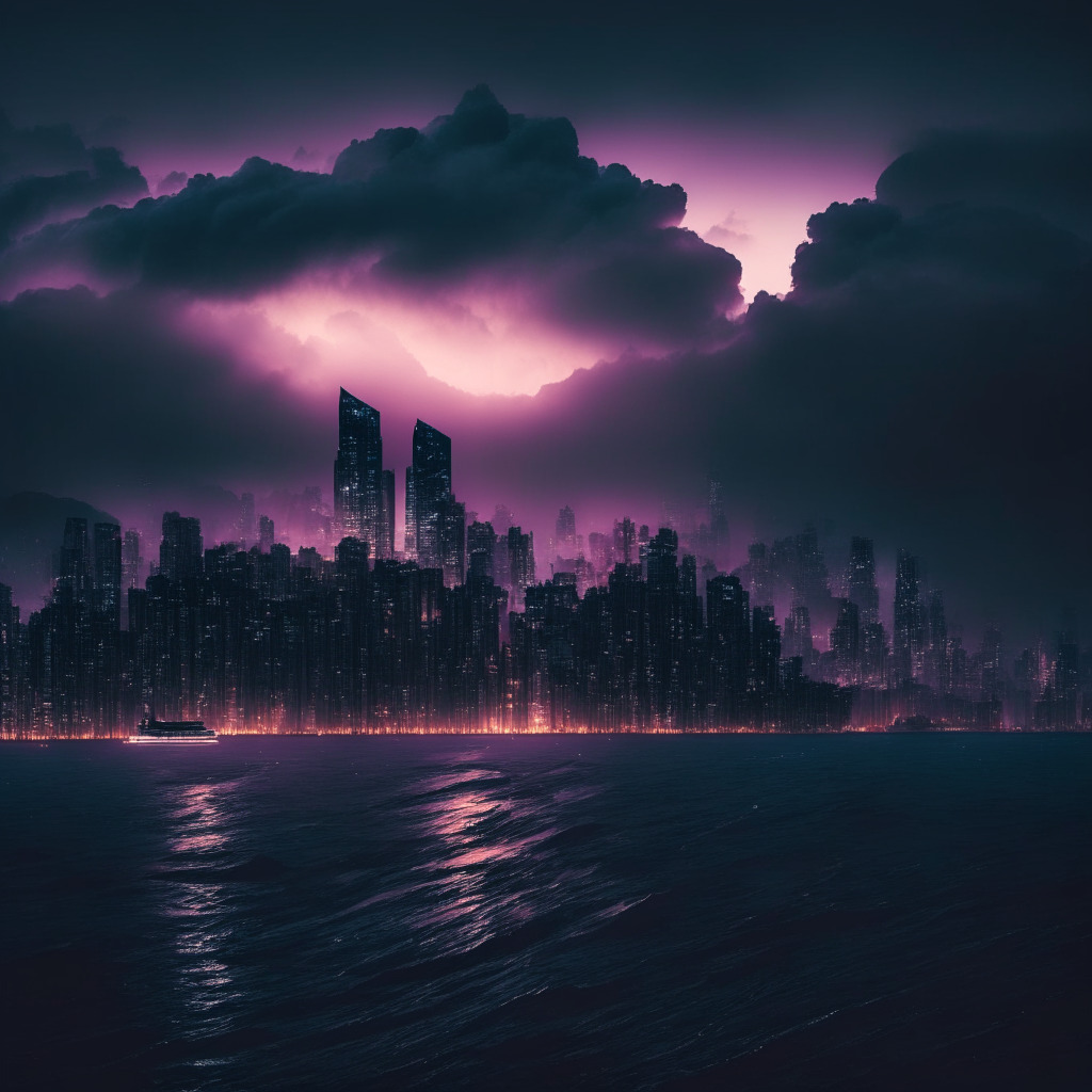 A stormy Hong Kong skyline under dramatic twilight hues, symbolic of the turbulence surrounding JPEX cryptocurrency exchange. The mystic glow of ominous, towering buildings, each representing a frozen user asset ready to transform into DAO shares. Shadowy DAO ripples in the harbor, reflecting turmoil. Muted color palette invokes mood of uncertainty.