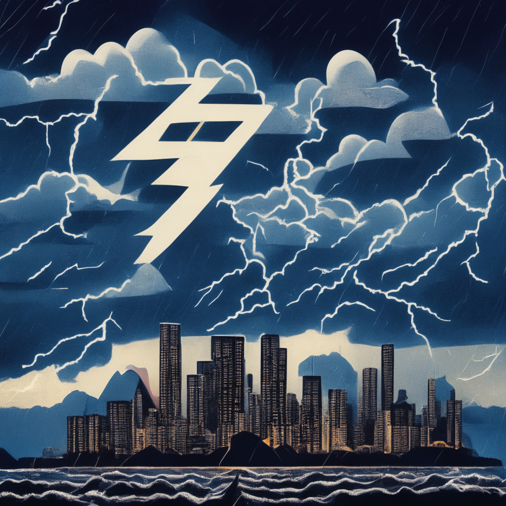 A stormy dusk scene over Hong Kong's skyline, cryptocurrencies and blockchain symbols floating ominously in the air. Above, a looming storm cloud shaped like the JPEX platform, lightning bolts striking from it to represent scandal, done in a Cubist style. In the background, a silver lining on the horizon to depict hope of better crypto safeguards, radiating mild, hopeful illuminations. Mysterious yet hopeful mood.