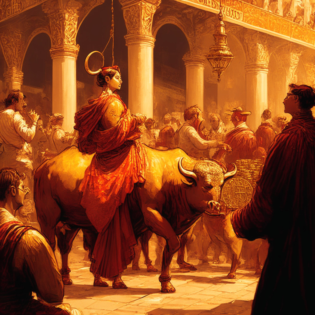 Golden and scarlet hues of an opulent Renaissance-style market scene, bustling traders represent different cryptocurrencies. Bitcoin is presented as the central figure in detailed antique attire, riding a bull in eager motion. Some figures show apprehension or anticipation, symbolizing potential pullback or consolidation. Light setting is subtly dramatic, casting soft shadows depending on the sentiment. The mood is energized, hopeful yet cautiously tense, as the market contemplates next movements.