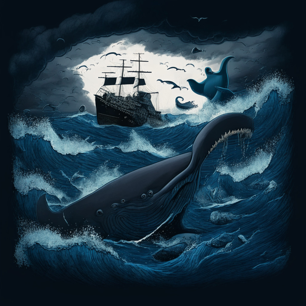 Depict a stormy ocean representing the downfall of PEPE coin, sinking ships in the background, with one ship surviving, representing Meme Kombat's rise, A whale is seen lurking underneath, incorporating the unpredictable swings by 'whales'. Color palette: dark blues, grays, and black, creating a moody atmosphere.